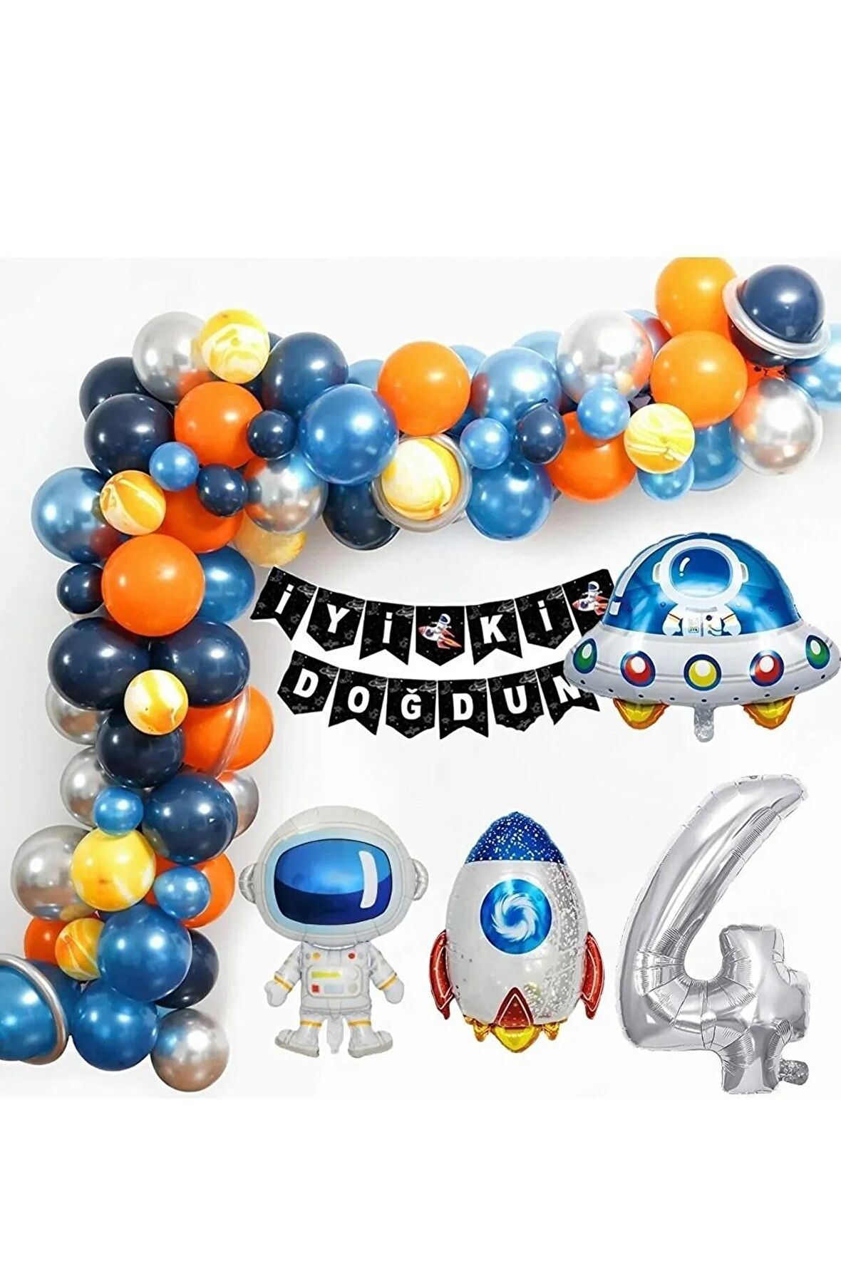 Uzay Temalı Doğum Günü Seti 4 Yaş; 4 Adet Folyo, 50 Lateks Balon, Banner, Balon Zinciri, Balon Bandı