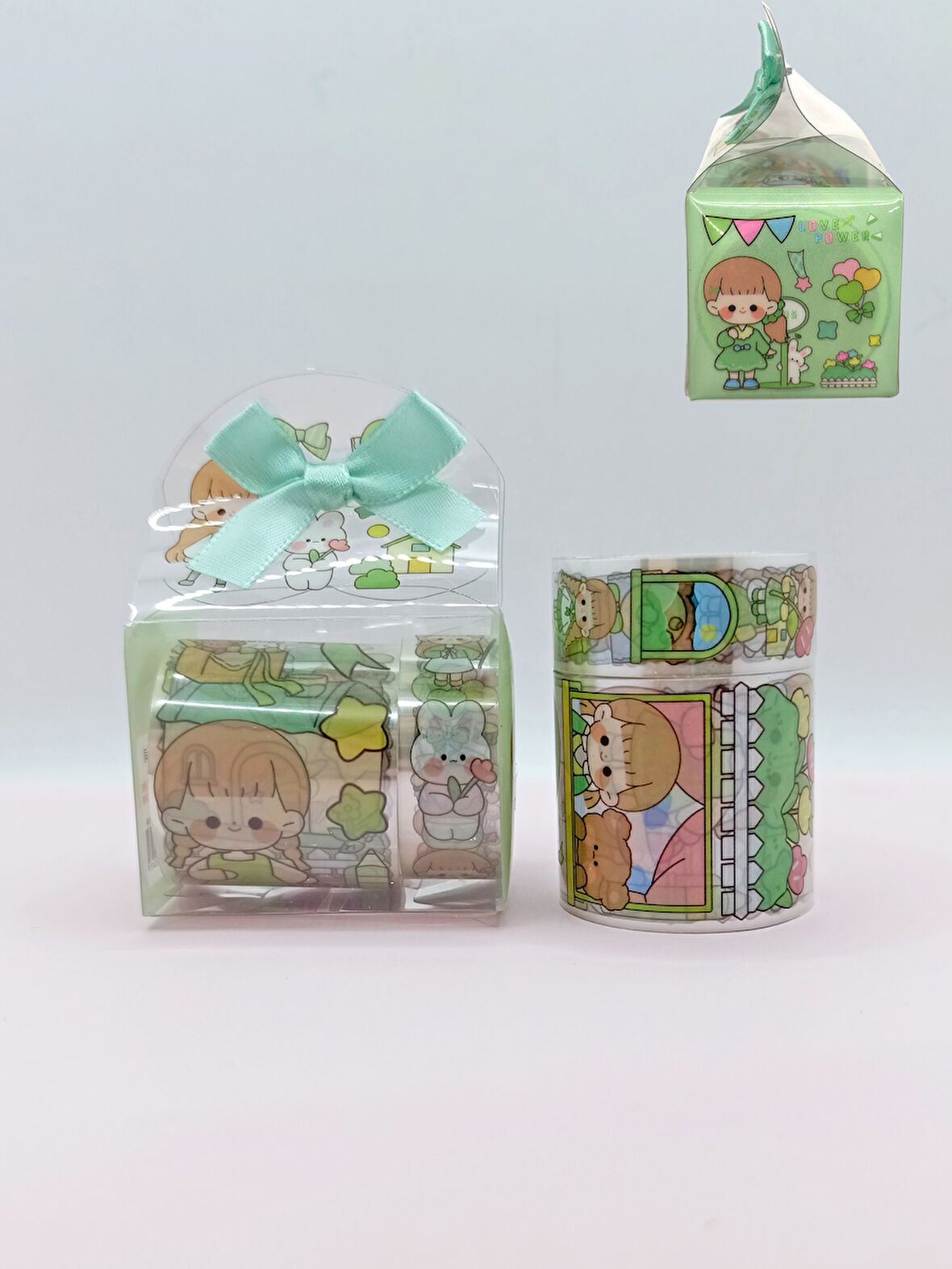 Fiyonk Çantalı Sevimli Kız Şeffaf Desenli Bant - Yeşil