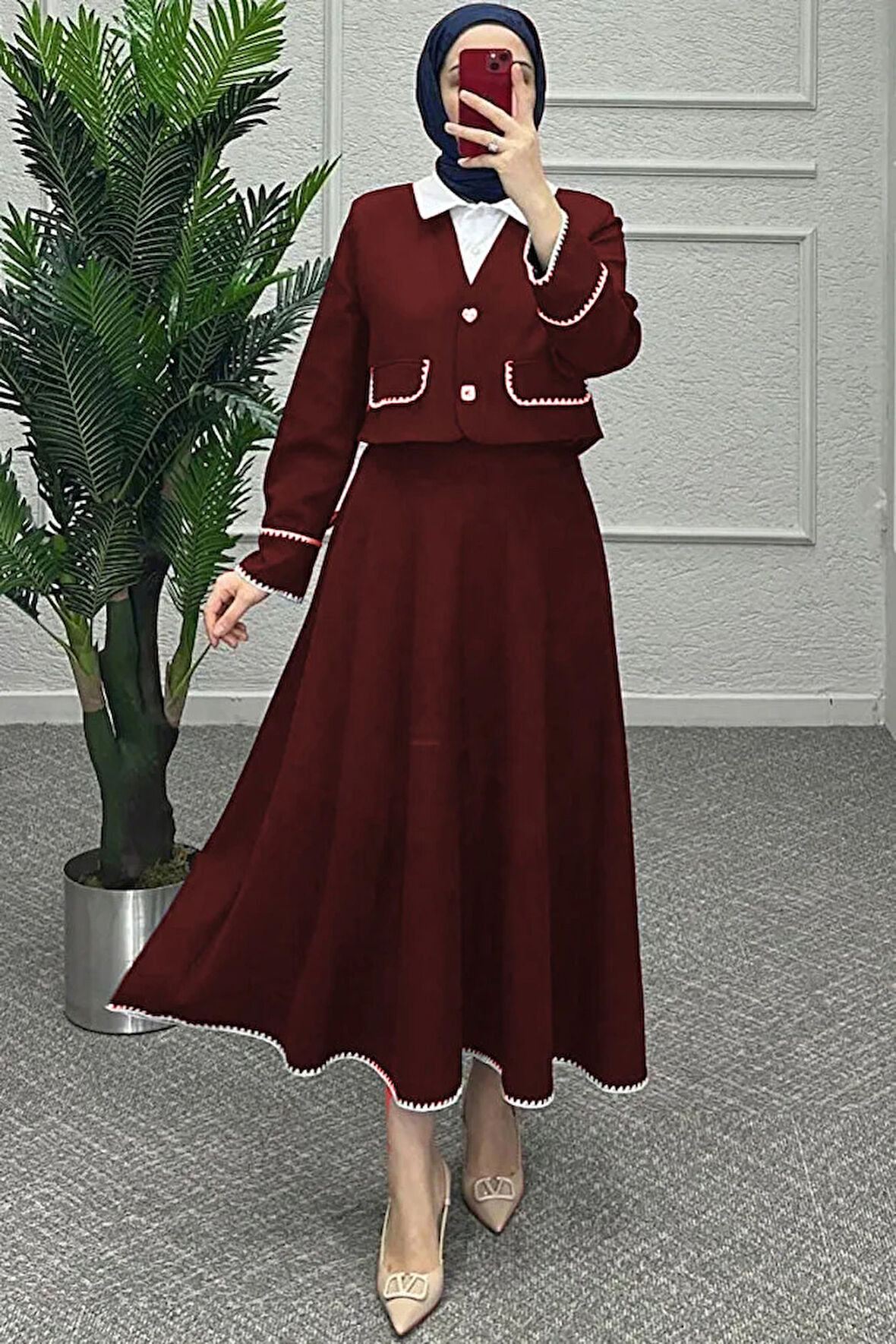 İşleme Detaylı Etekli Takım Bordo