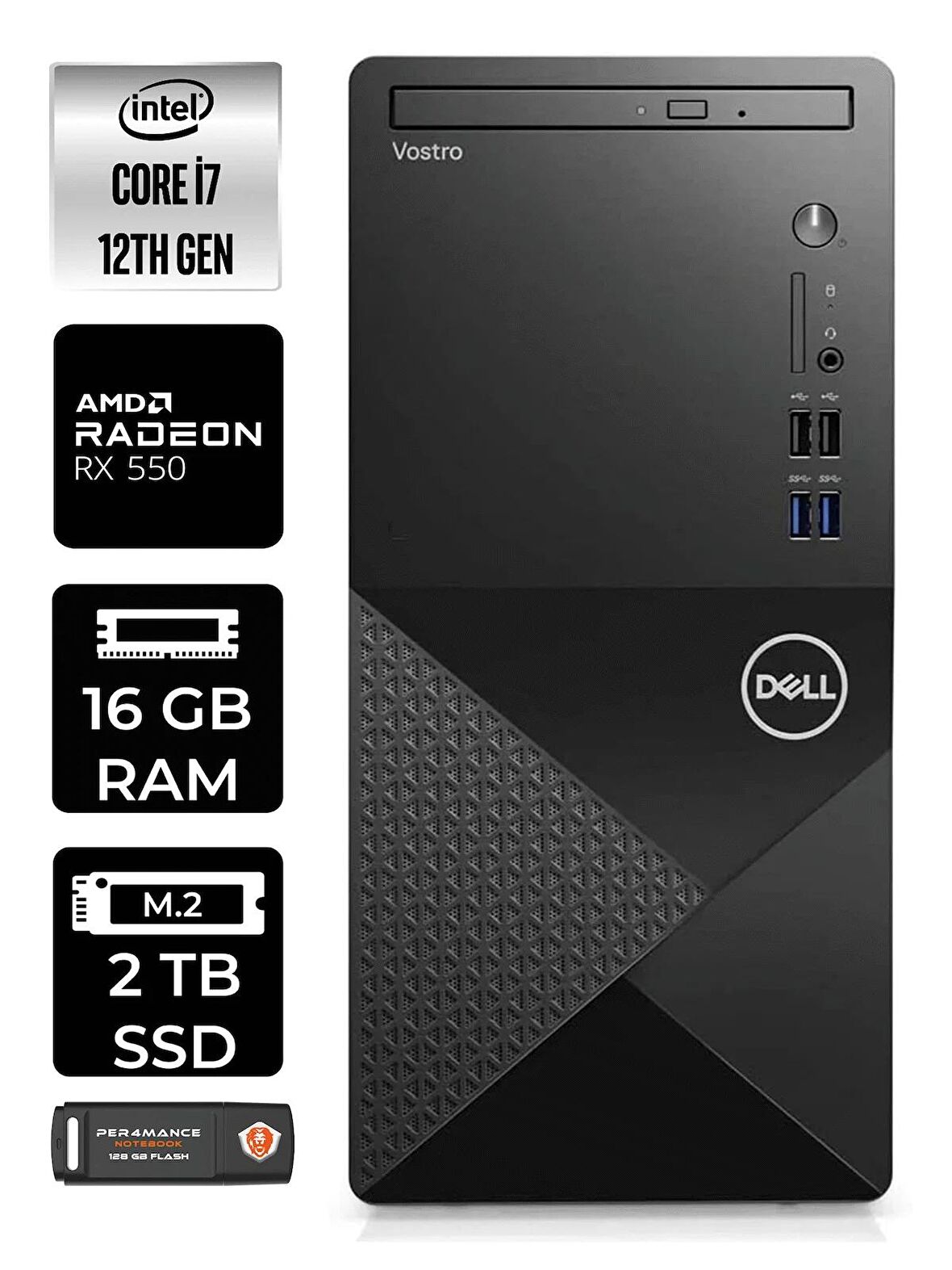 DELL VOSTRO i7 12700 16GB RAM 2TB SSD RX550/4GB FDOS N7600VDT3910 MASAÜSTÜ PC & PER4 BELLEK