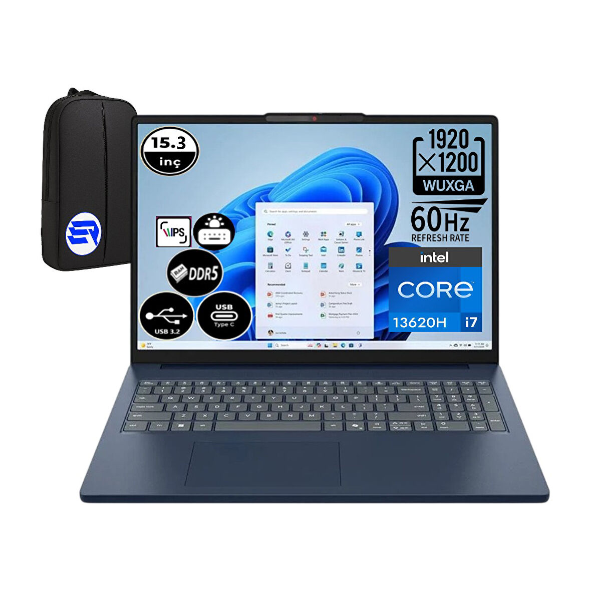 Lenovo Ideapad Slim 3 83K10061TREP5 I7-13620H 24GB Ram 2tb SSD Wuxga 15.3" IPS WIN11 Pro + Elektropasaj Çanta