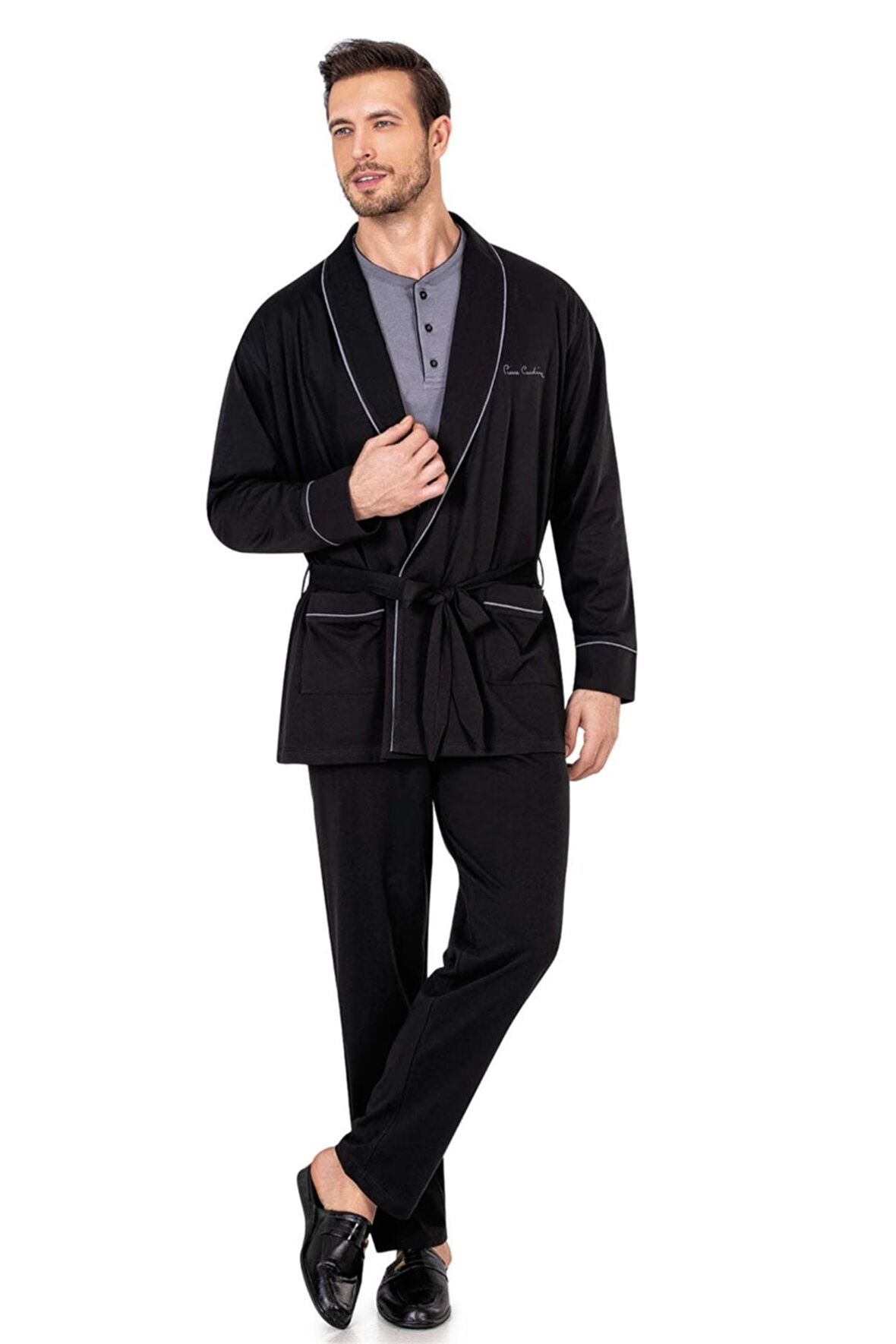 5605 Erkek Çeyizlik 3'lü Rob Pijama Takım-siyah