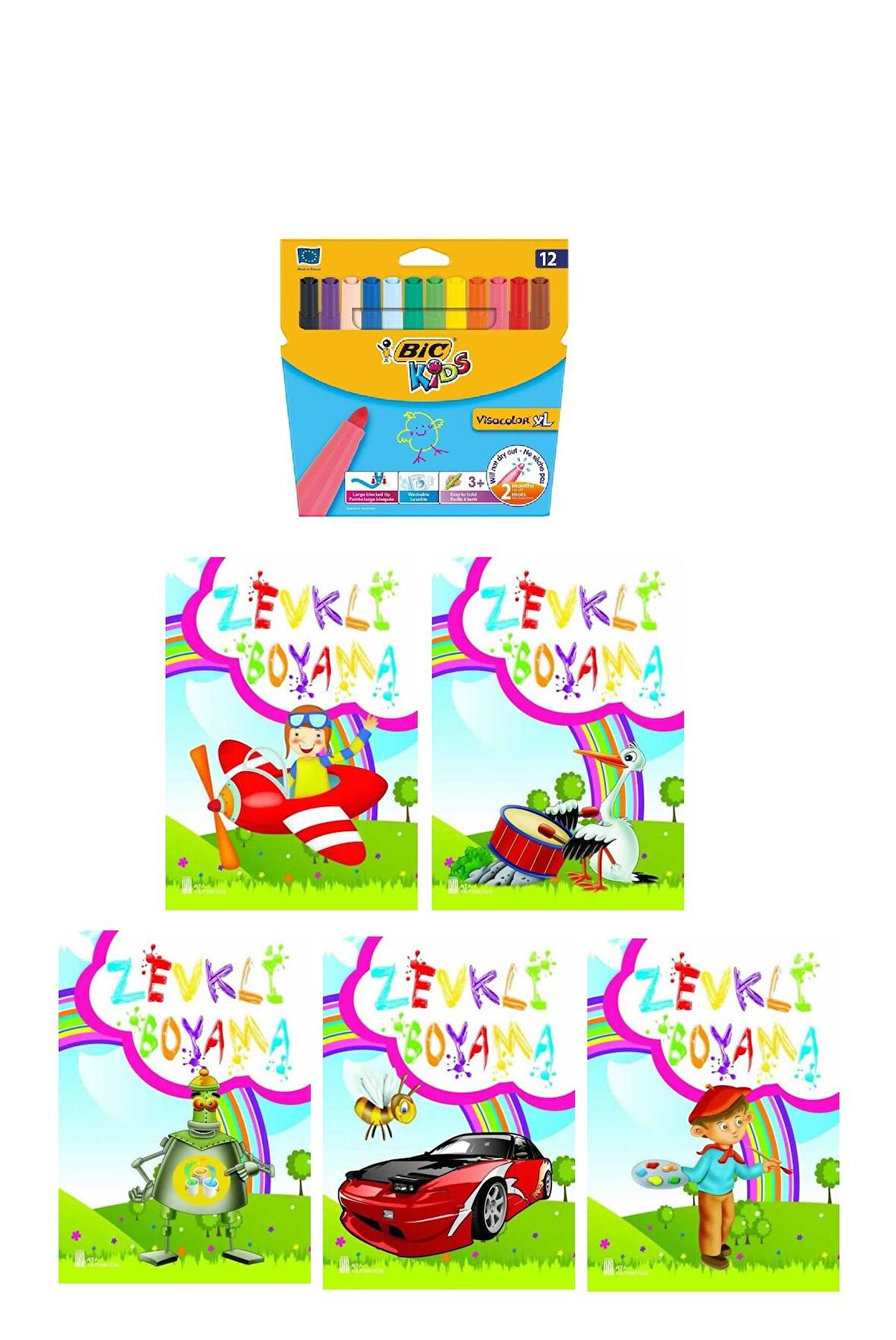 3-6 Yaş Zevkli Boyama Kitapları 5 li +Bic Kids XL12 li Keçeli Boya (Jumbo)