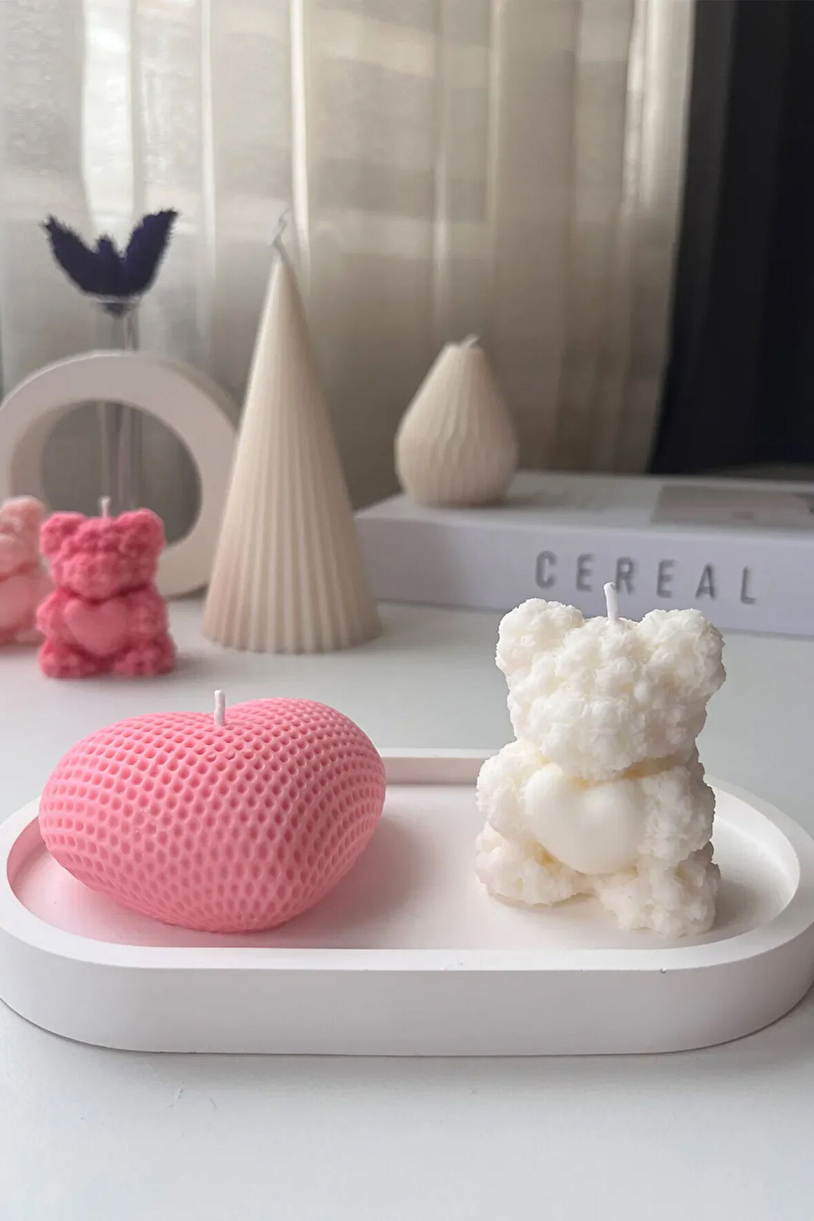 Kalp Figürlü Mum, Ayıcık Mum ve Dekoratif Tabak Seti