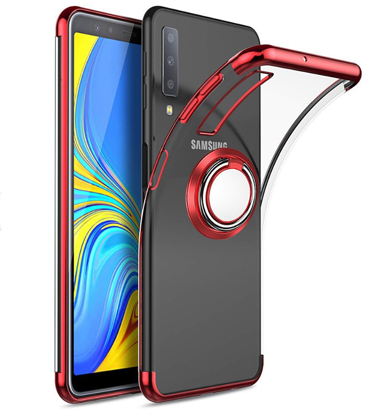 Galaxy A7 2018 Kılıf Kenarları Renkli Yüzüklü Manyetik Silikon