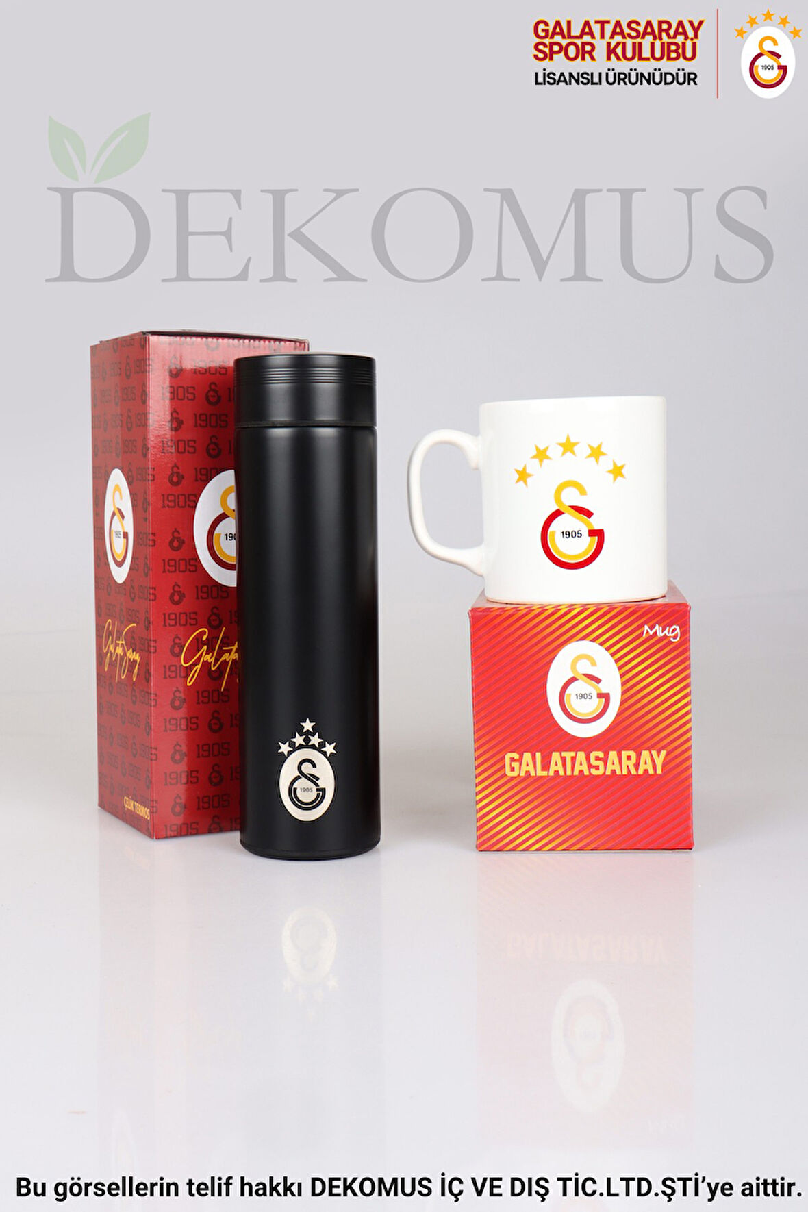 DEKOMUS İLE 5 YILDIZLI SET LİSANSLI PREMIUM GALATASARAY 500 ML ÇELİK TERMOS VE 5 YILDIZLI KUPA