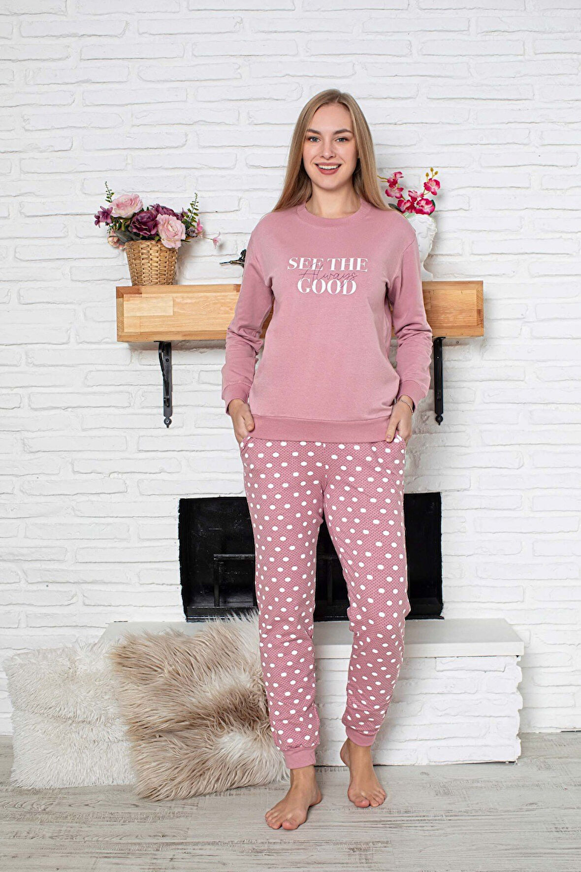 Kadın Bisiklet Yaka Bilek Manşet/Lastikli 2 İplik Cepli Kışlık Jogger Eşofman Pijama Takımı Homewear