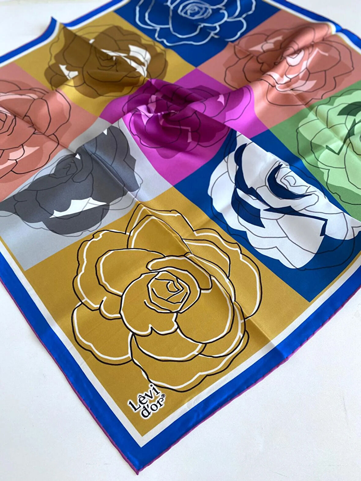 Levidor Tivil İpek Eşarp 46925 Hardal - Saks Mavi Karışık Desen