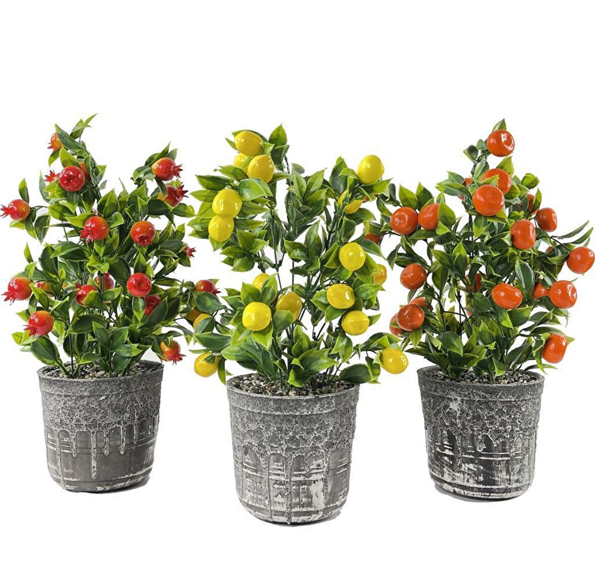 Yapay Çiçek 3 Adet Gri Seramik Saksıda Limon Nar Ve Mandalina Ağacı 40cm 