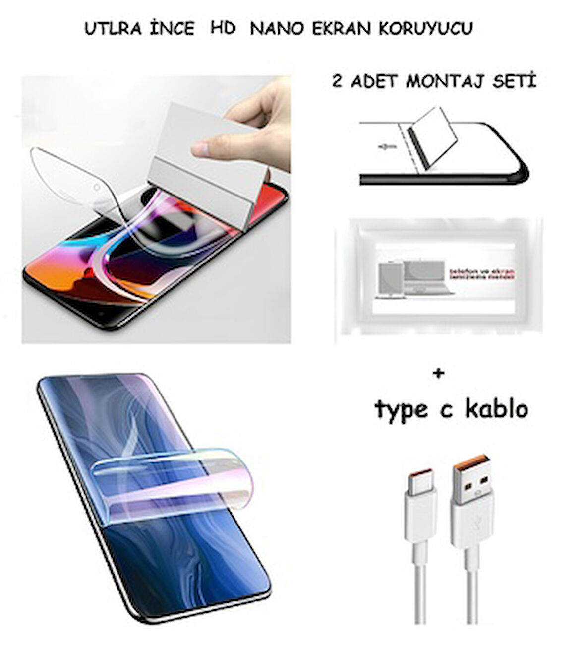 Apple iPhone XR Nano Ekran Koruyucu Ultra İNCE Esnek Hd Şeffaf + Type C Kablo