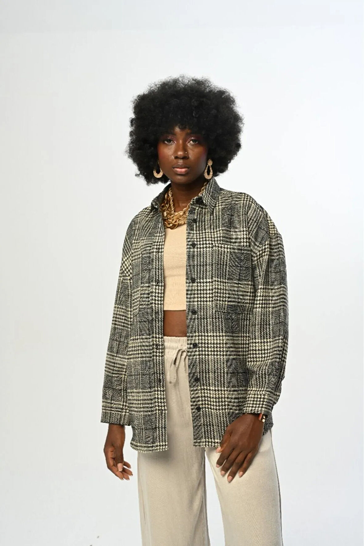 KADIN EKOSE DESENLİ ÇİFT CEPLİ GÖMLEK