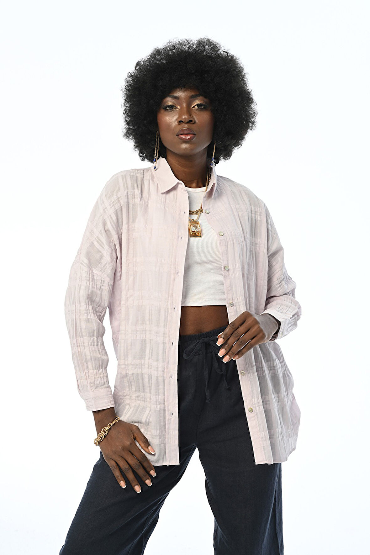 KADIN EKOSE DESENLİ %100 PAMUK KUMAŞ OVERSİZE GÖMLEK