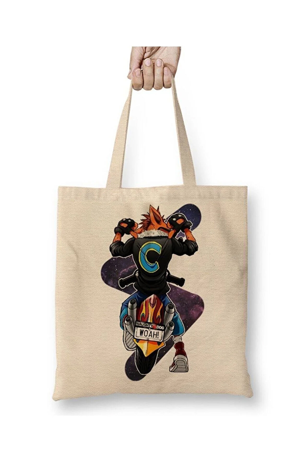 Crash Bandicoot Badass Beyaz Bez Çanta Uzun Saplı Alışveriş Çantası Plaj Çantası