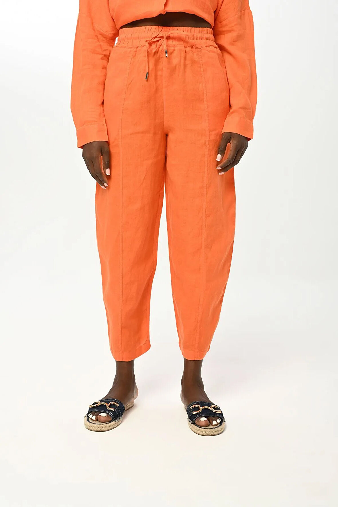 KADIN BELİ LASTİKLİ RAHAT KALIP DÜZ RENK KETEN PANTOLON