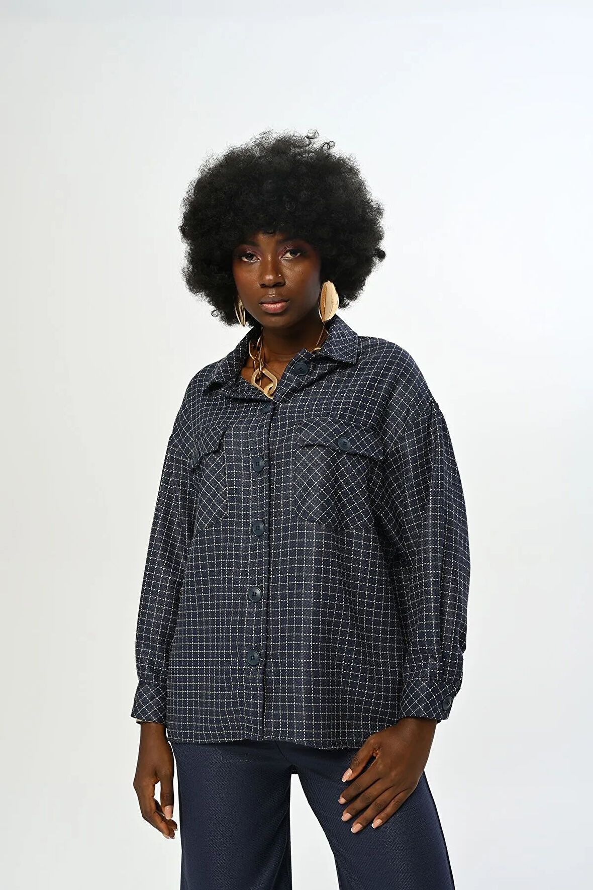 KADIN KARE DESENLİ SİMLİ ÇİFT CEPLİ GÖMLEK