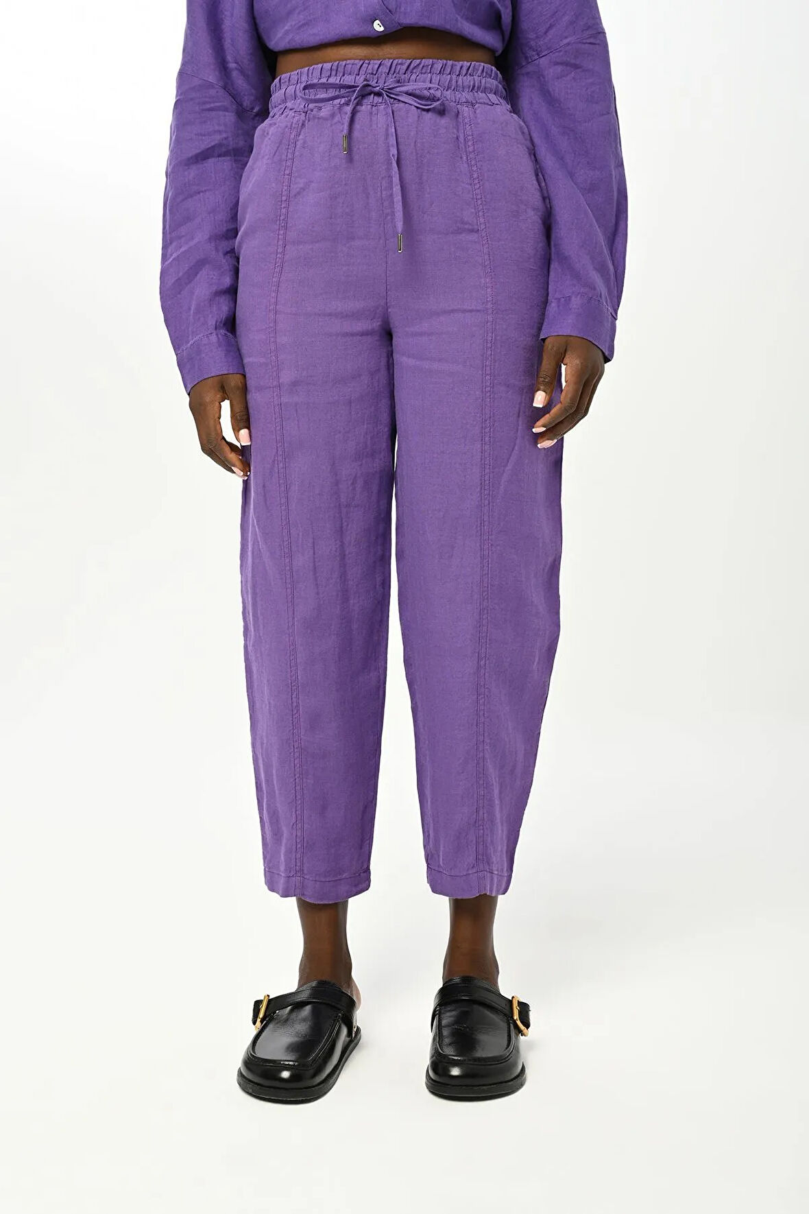 KADIN BELİ LASTİKLİ RAHAT KALIP DÜZ RENK KETEN PANTOLON