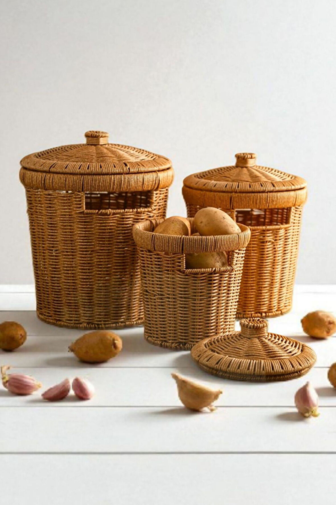 3'lü Patates Soğan Sarımsak Sepeti Seti - Rattan Dekoratif ve Düzenleyici Kapaklı Sebzelik Soğanlık Set