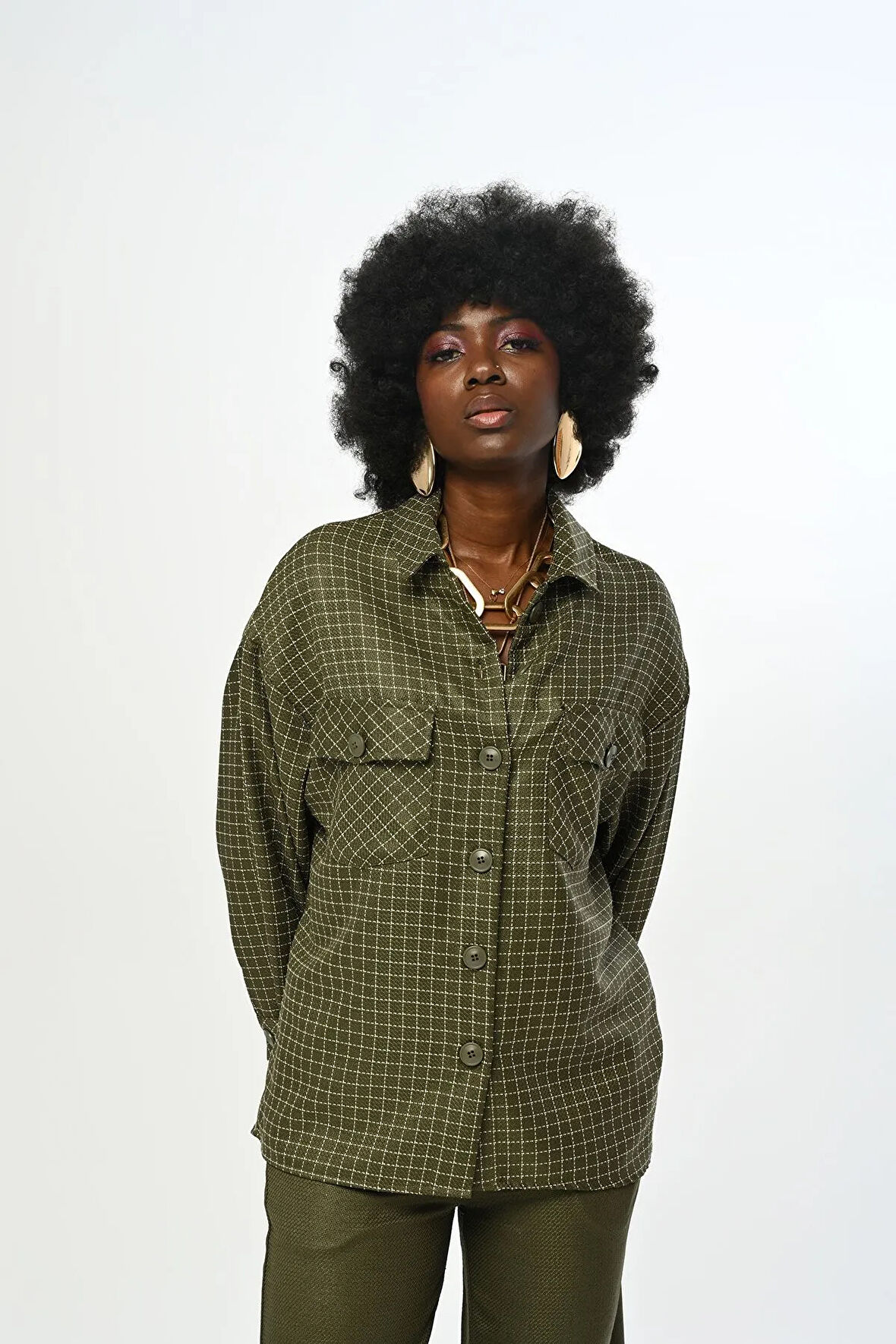 KADIN KARE DESENLİ SİMLİ ÇİFT CEPLİ GÖMLEK