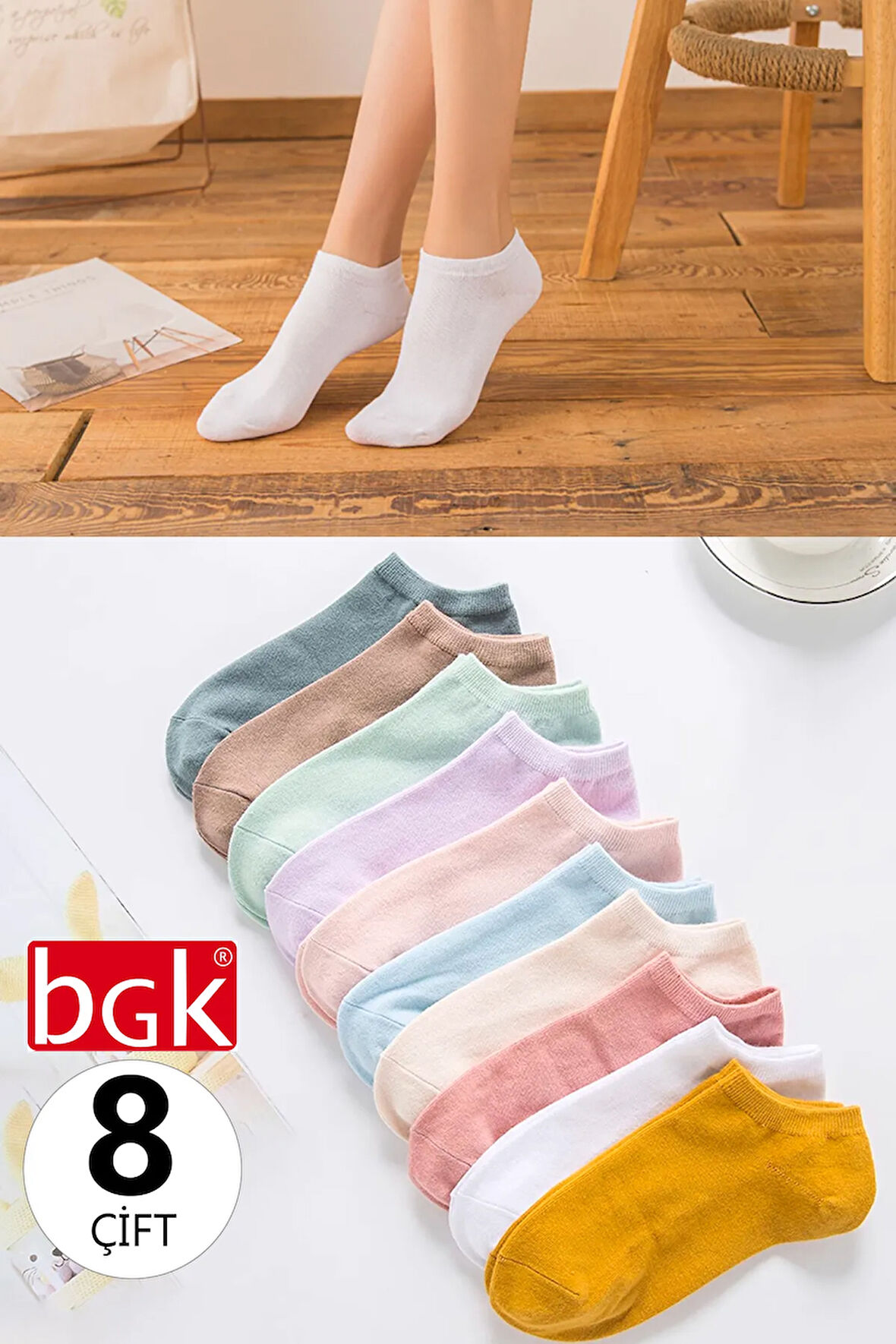 8'li Kadın Renkli Patik Çorap (Soft Renkler)
