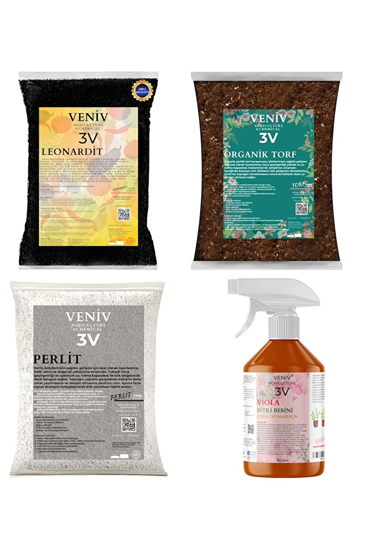 3V Bitki Bakım Yetiştirme Seti-Torf(2L)-Leonardit(2L)-Perlit(2L)- Viola Çiçeklendirici 500 ML