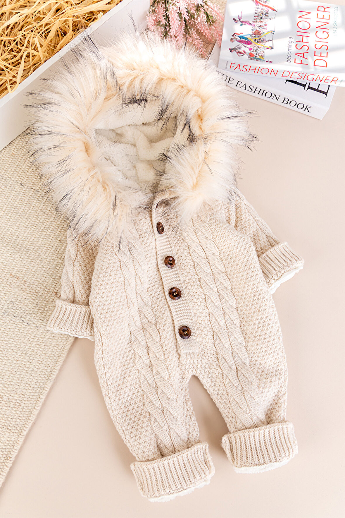 Triko Örgü Kışlık İçi Welsoft Astarlı Kapüşonlu Kız/Erkek Bebek Tulum