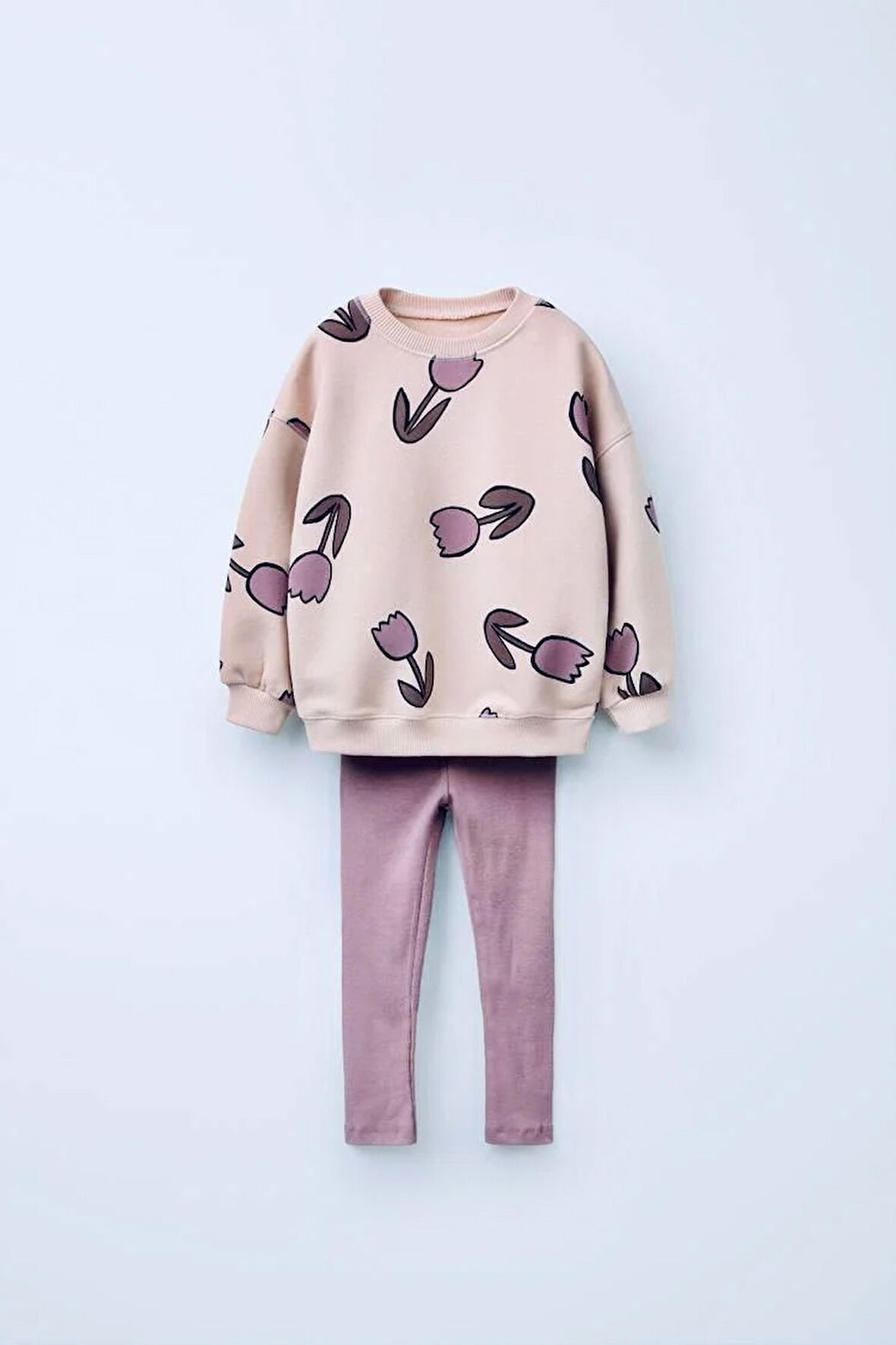 Kız Çocuk 3 iplik Pamuklu Kumaş Lale Desenli Sweatshirt ve FitilliTayt Alt Üst Takım