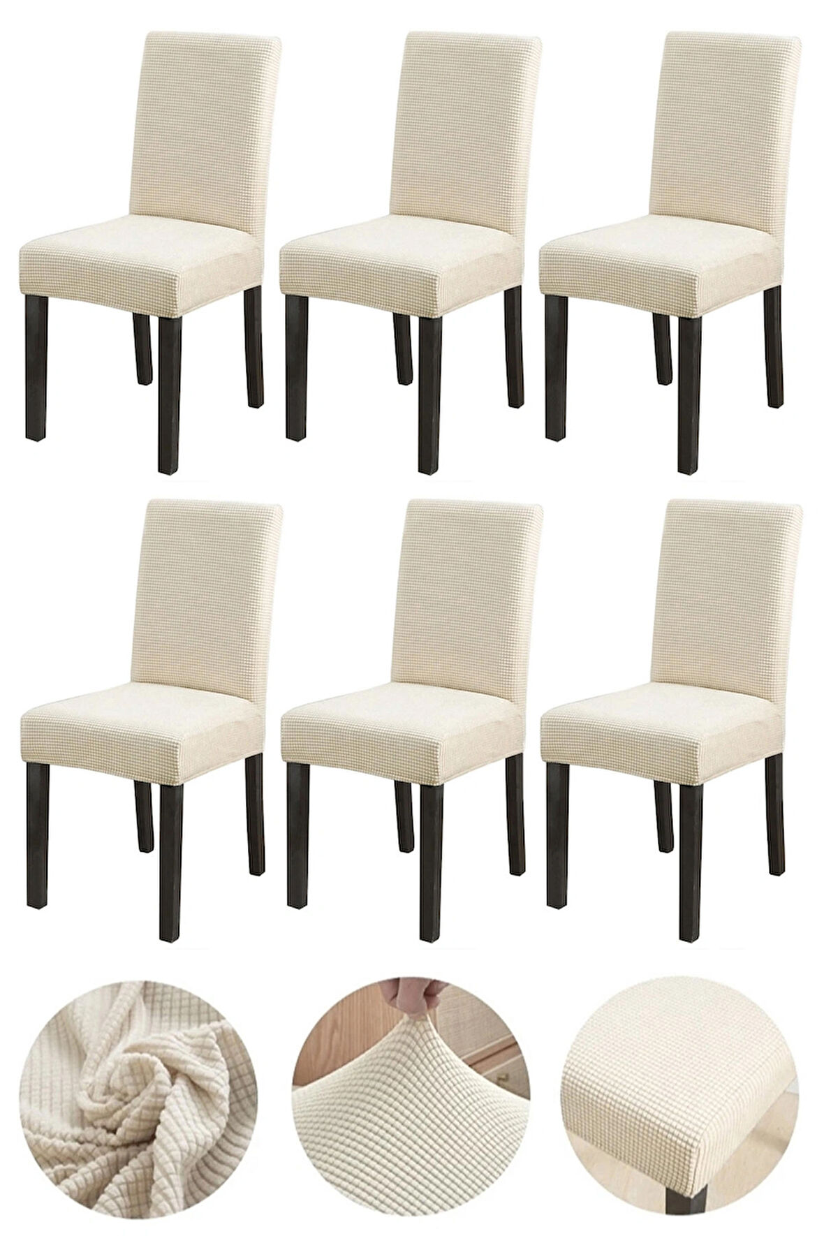 Bambu Nano Kumaş Likralı Yıkanabilir 6'lı Sandalye Kılıfı Lastikli Sandalye Örtüsü (6ADET) - KREM 