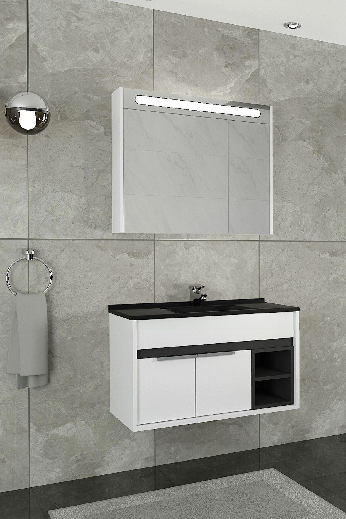 NAPOLİ 85 CM SİYAH LAVABOLU BANYO DOLABI  BEYAZ/ANTRASİT - BOY DOLAP HARİÇ 