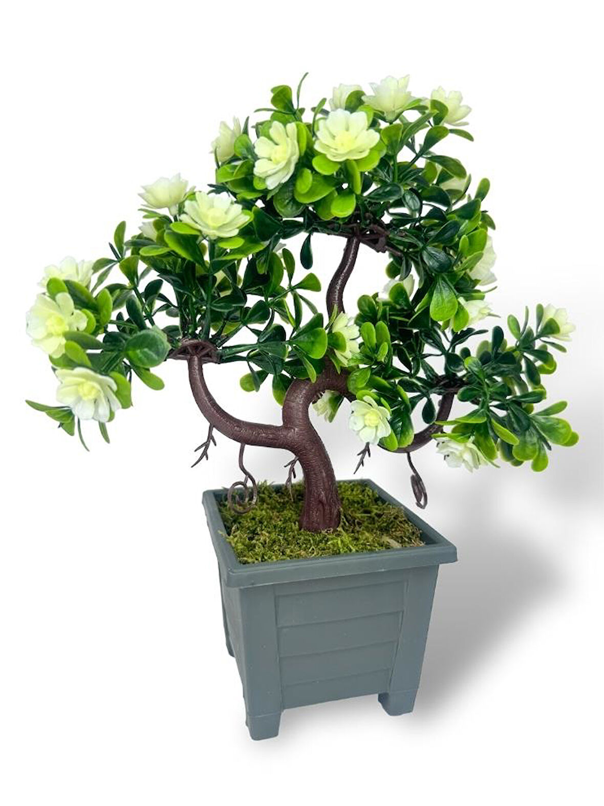 Yapay Çiçek Beyaz Çiçekli Bonsai Ağacı Dekoratif Yapay Ağaç Bonzai 29*24 CM Siyah Kare Saksıda