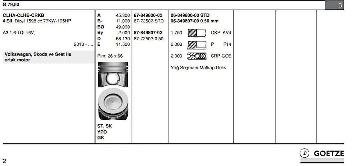 PİSTON SEGMAN VAG 79,5MM STD CLHA CLHB CRKA CXXA 8772502STD000G.GTZ