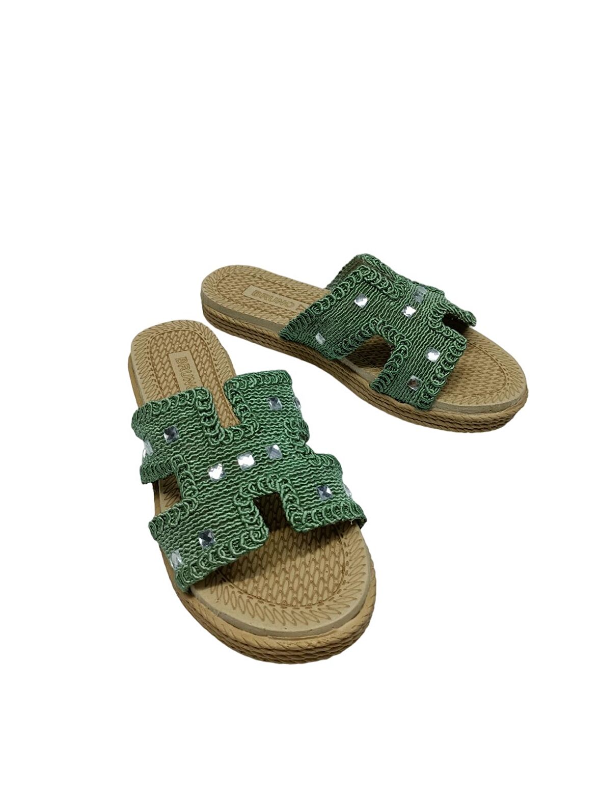 SİA ÇANTA  Hasır Örme Kemerli Boncuk Taşlı Yumuşak Sıkı Mantar Taban Kadın Terliği , Rahat Sandelet Tarzı Kaydırmaz Taban Kadın Terlik