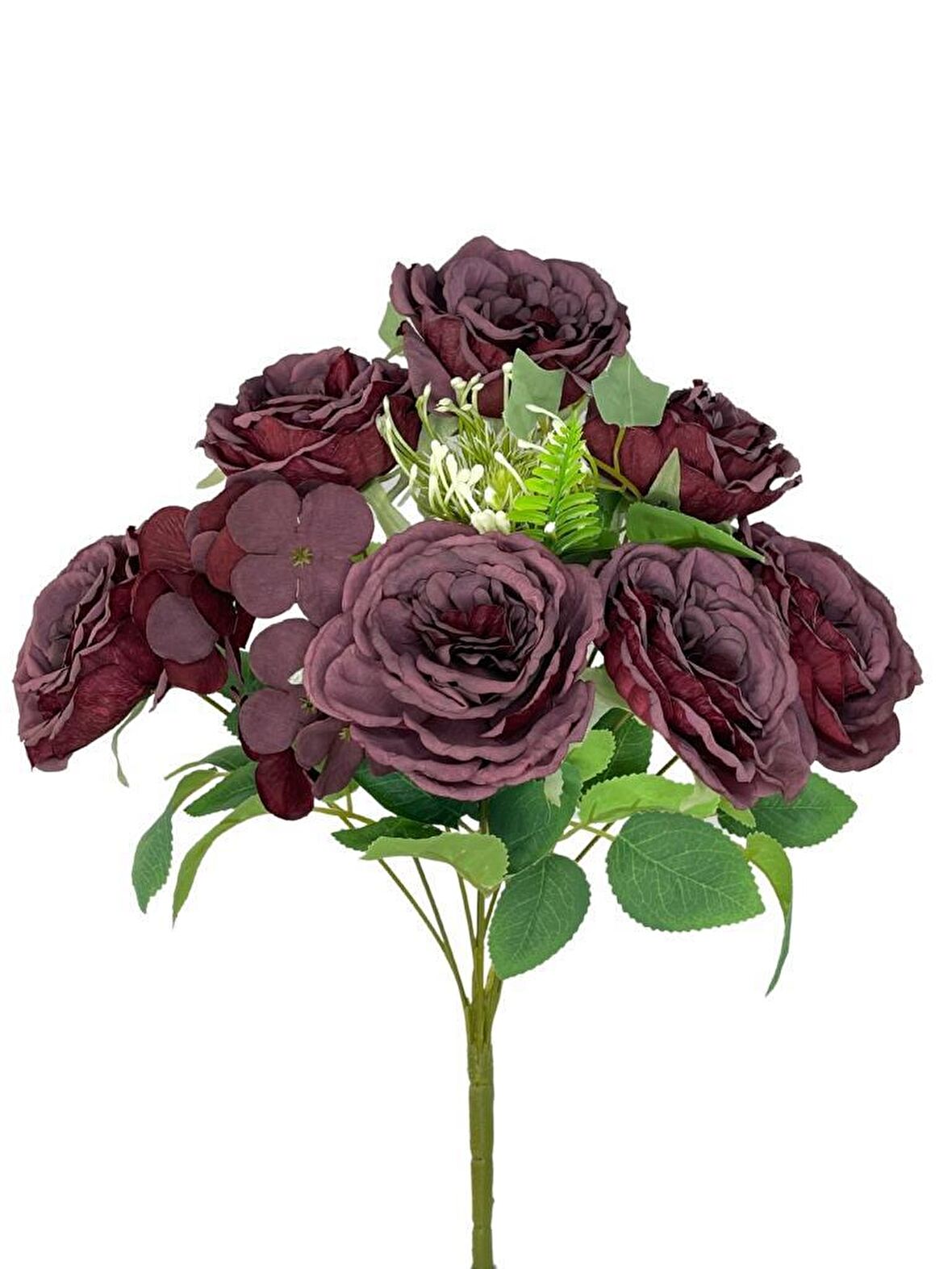 Yapay Çiçek Pastel Bordo Şakayık 9 Dallı 7 Güllü Büyük Boy Demet 40cm
