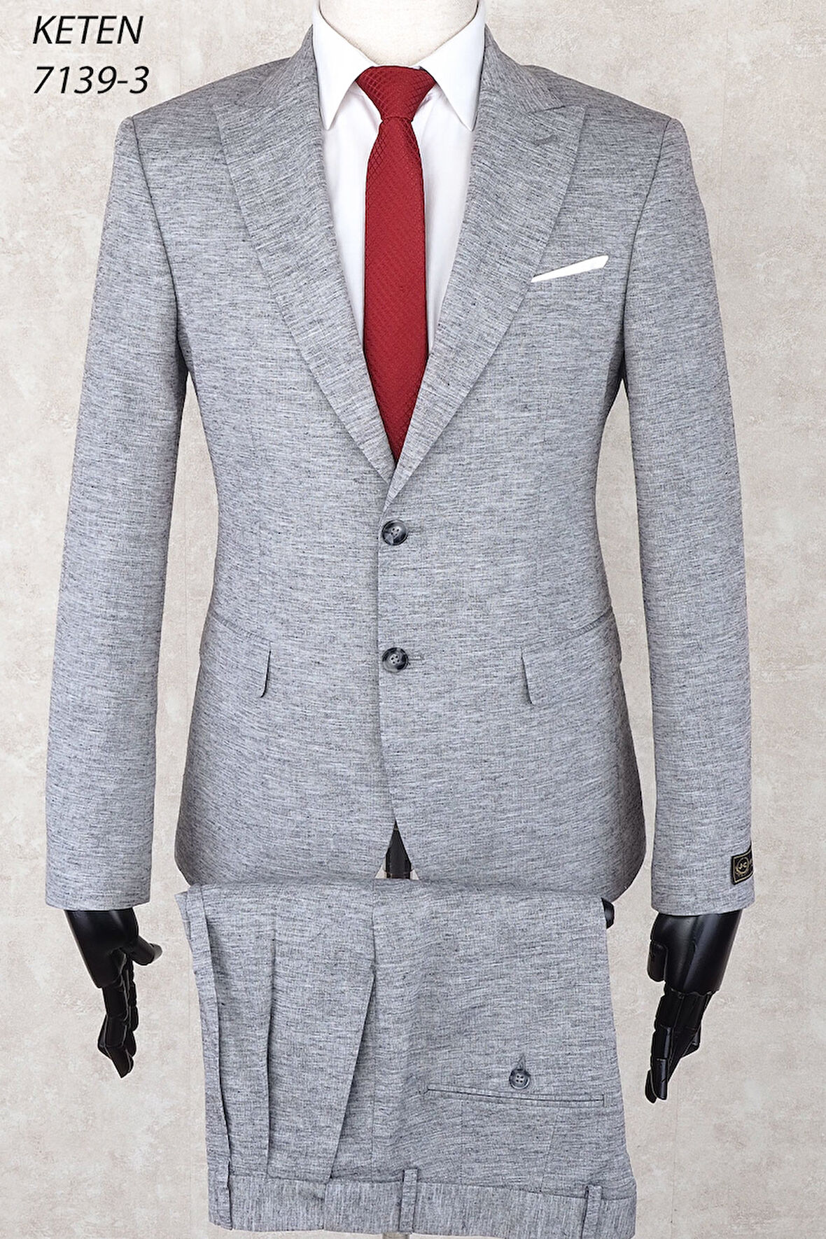 Keten Pileli Pantolon  Slim Fit Sivri  Yaka-Çift Yırtmaç Fileli Astar Drop 6  Takım Elbise