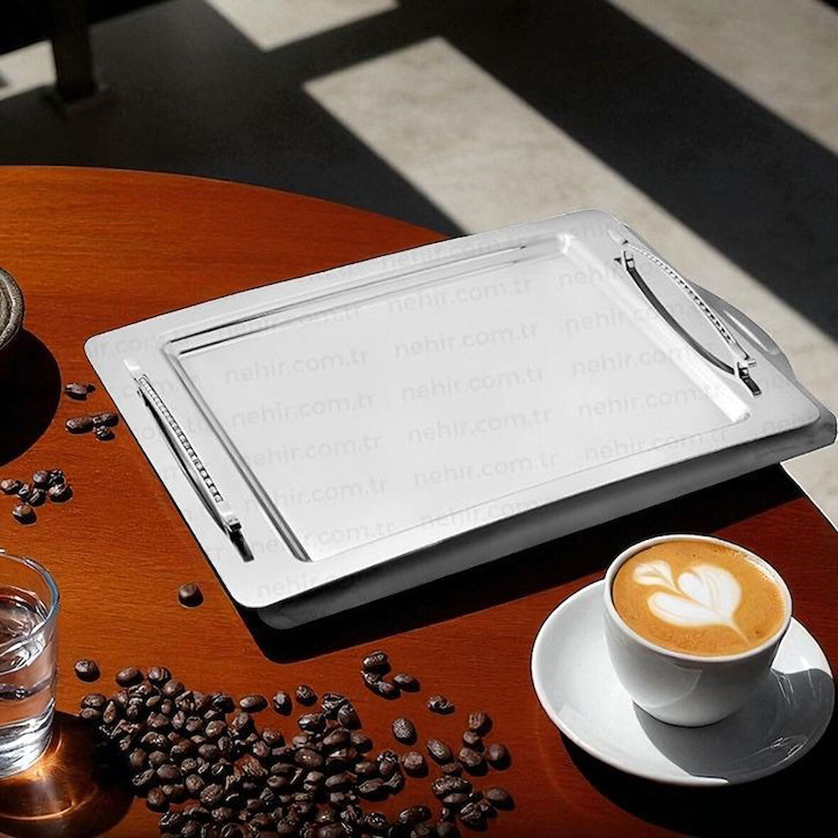 Nehir rana paslanmaz çelik tepsi kahve tepsisi - servis tepsisi 36x26 cm.