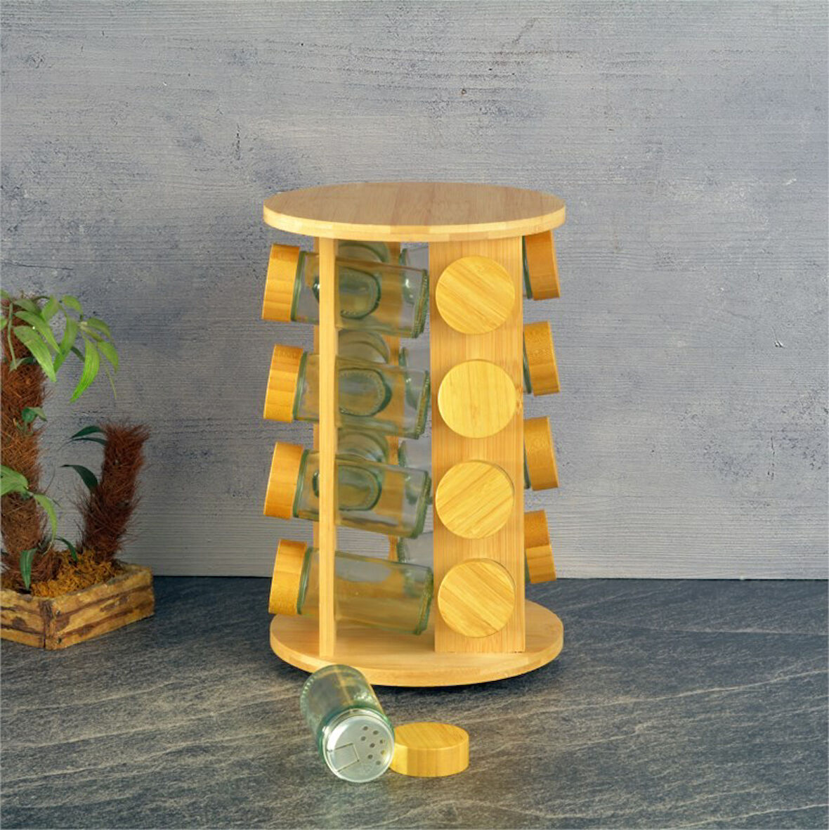 Bambu standlı basic cam tuzluk - 16 lı tuzluk biberlik baharatlık yuvarlak 125 ml.