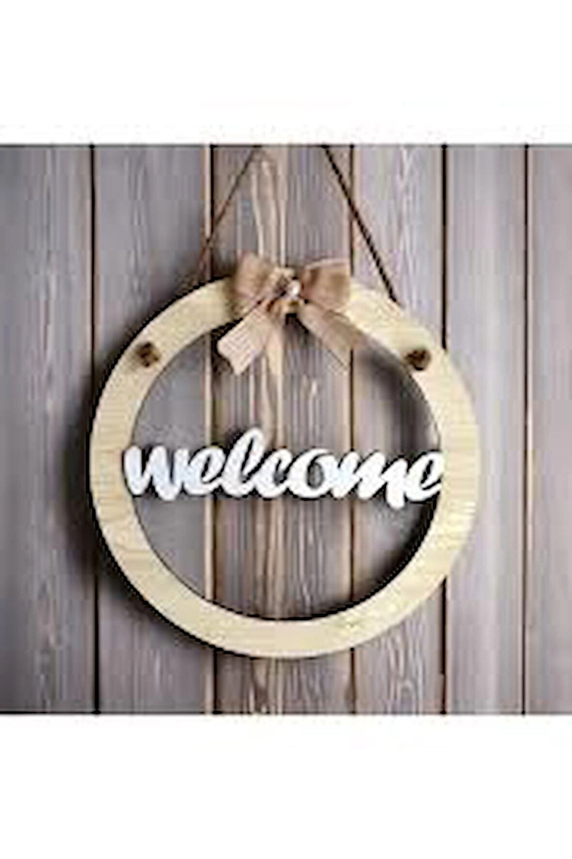Ahşap Welcome Hoşgeldiniz Yazılı Kapı Süsü İncili Fiyonk Detaylı Dekoratif Hediyelik Kapı Süsü