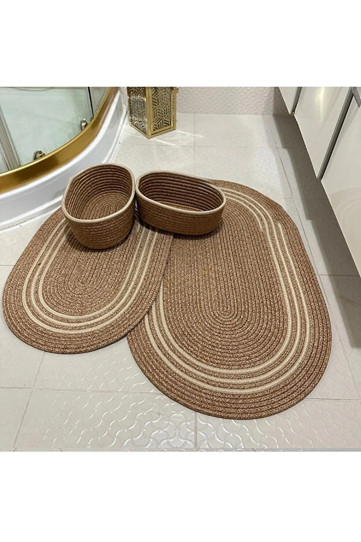 BHR Creative Jüt İp 2 Li Paspas Ve 2 Li Sepet 4 Lü Banyo Seti-Banyo Paspası Klozet Önü Paspası