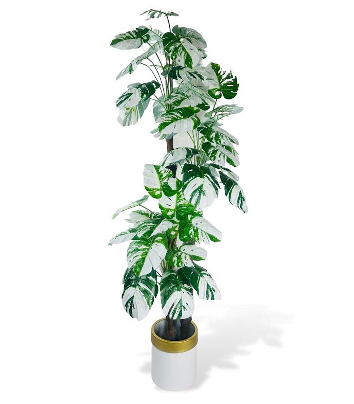 Yapay Çiçek Monstera Yeşil Beyaz Deve Tabanı 3Katlı 180cm 54Yaprak Altın Kemerli Beyaz Metal Saksı
