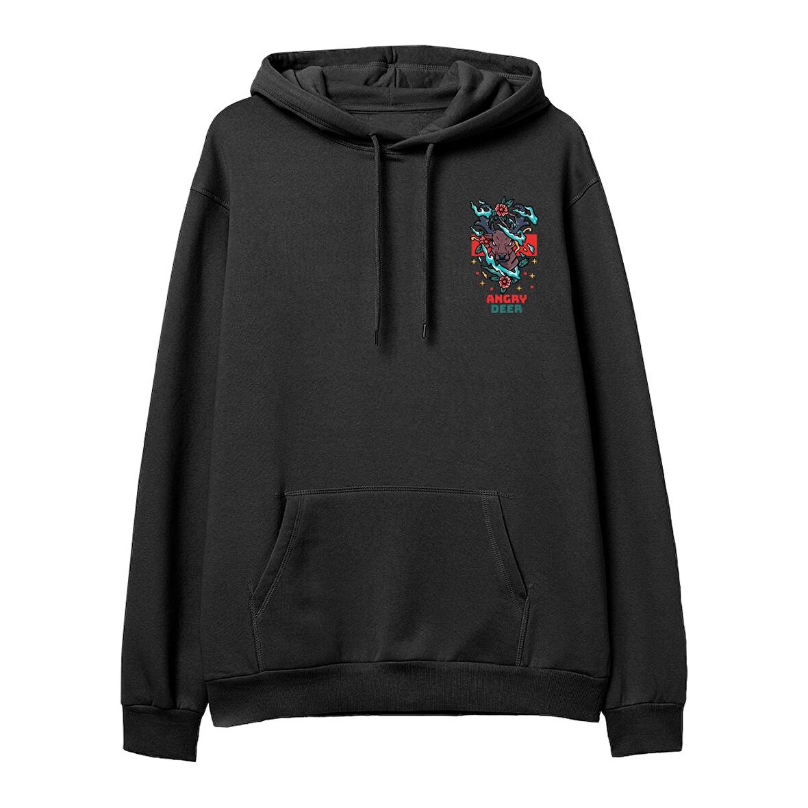 Angry Deer  Baskılı Siyah Hoodie