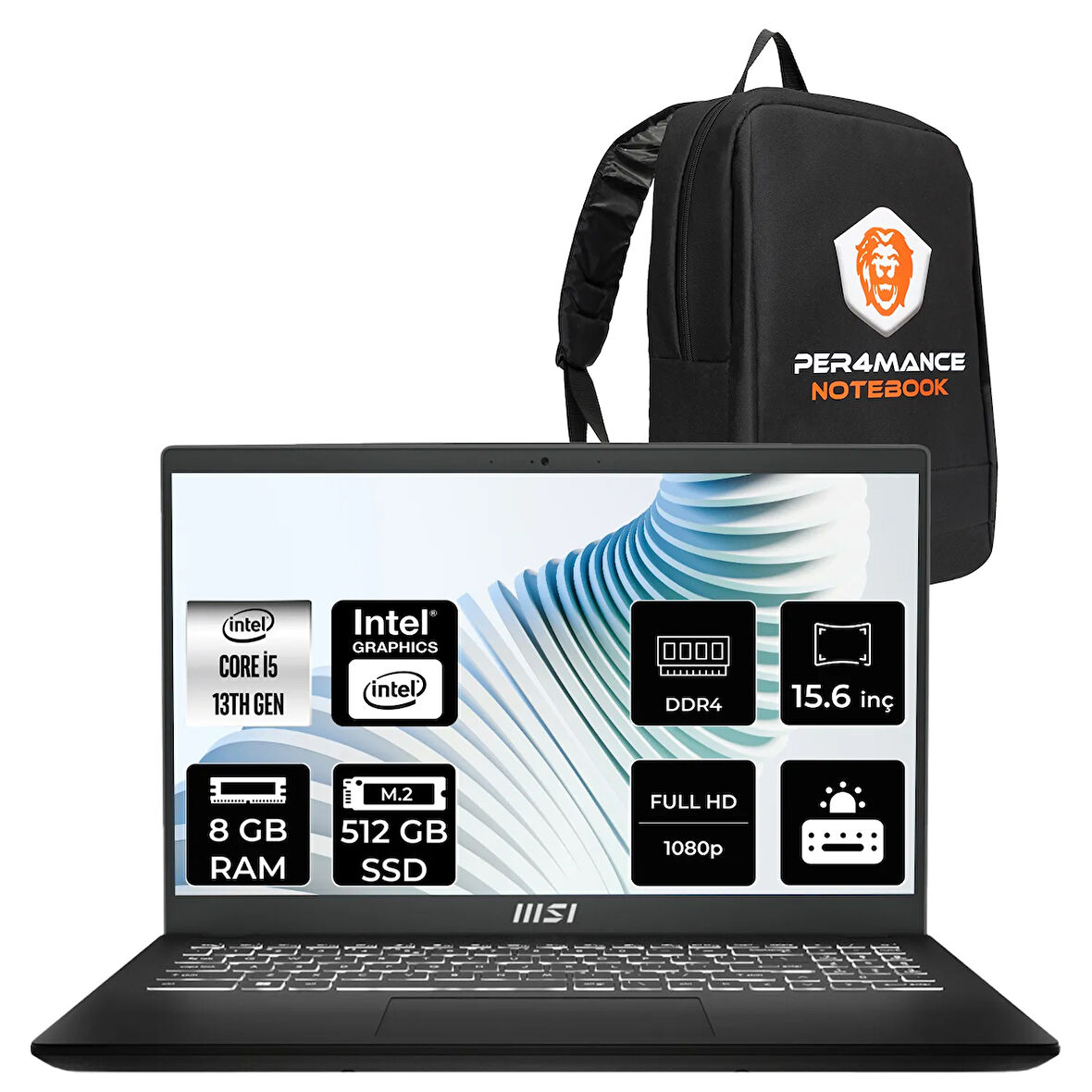 MSI Modern 15 H i5 13420H 8GB 512GB SSD 15.6" FHD FDOS Taşınabilir Bilgisayar & ÇANTA