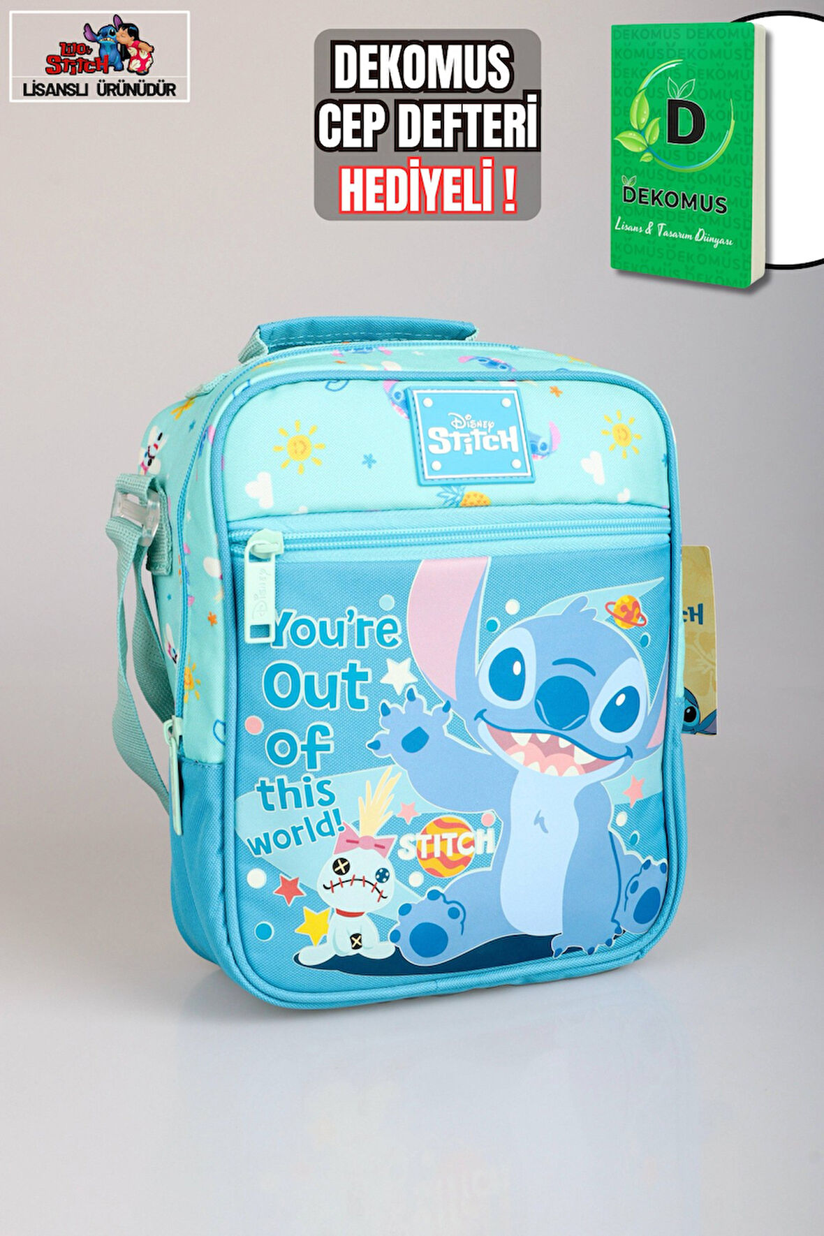 DEKOMUS CEP DEFTERİ HEDİYELİ" YENİ SEZON LİSANSLI STITCH "GALAXY POP KOLEKSİYONU" TERMOSLU BESLENME ÇANTASI