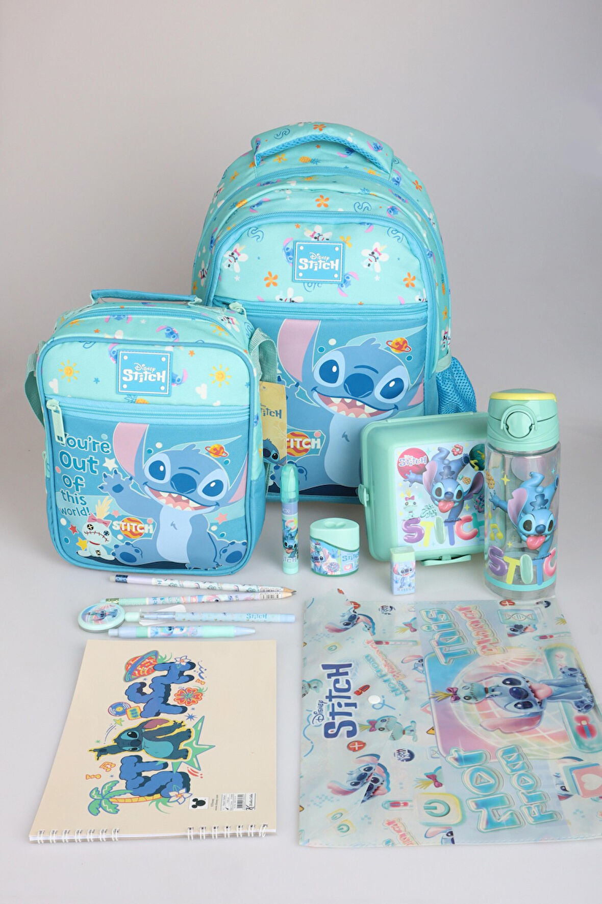 "DEKOMUS İLE LİSANSLI STITCH "GALAXY POP KOLEKSİYONU" FULL KIRTASİYE OKUL SETİ OKUL ÇANTASI,TERMOSLU BESLENME ÇANTASI,500 ML MATARA VE BESLENME KABI SETİ
