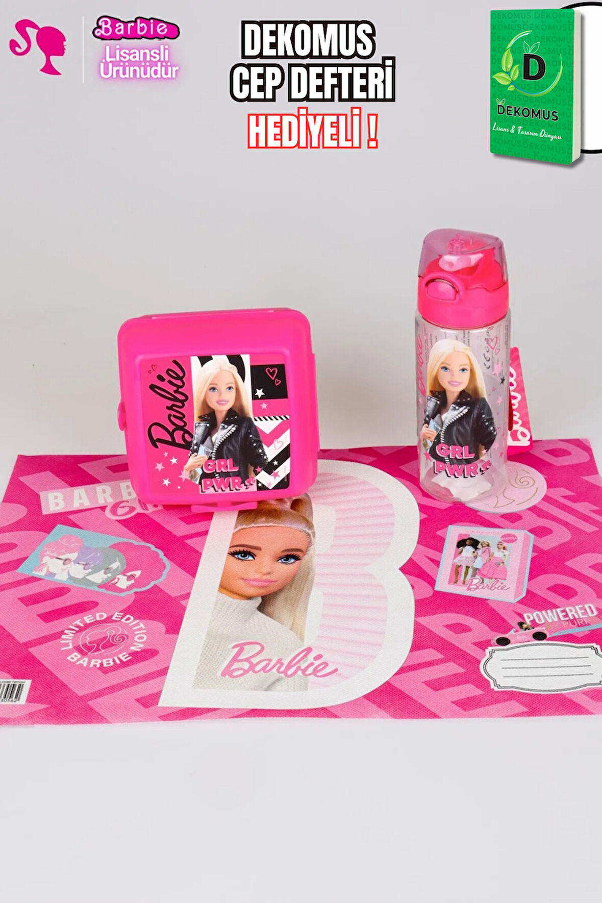 "DEKOMUS CEP DEFTERİ HEDİYELİ" YENİ SEZON LİSANSLI BARBIE "GIRL POWER" BESLENME ÖRTÜSÜ,BESLENME KABI VE 500 ML MATARA SETİ
