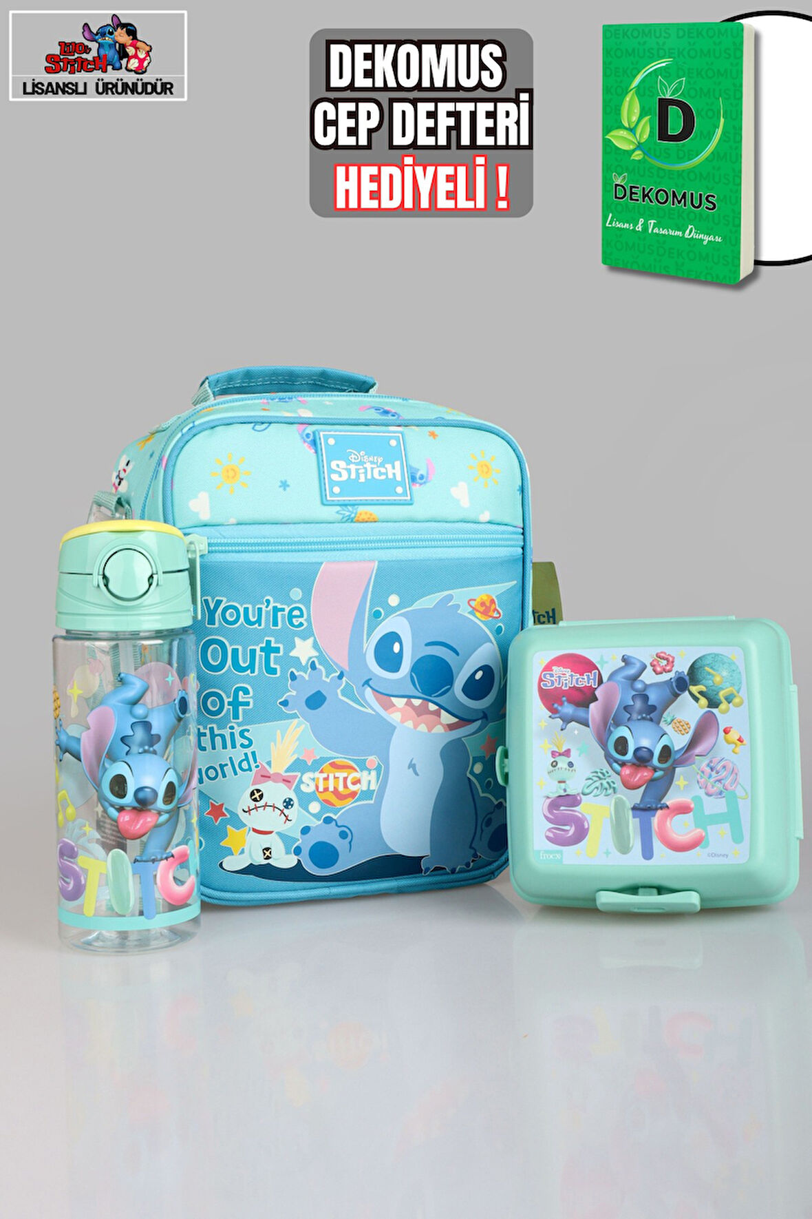 "DEKOMUS CEP DEFTERİ HEDİYELİ" LİSANSLI STITCH "GALAXY POP KOLEKSİYONU" TERMOSLU BESLENME ÇANTASI,500 ML MATARA VE BESLENME KABI SETİ