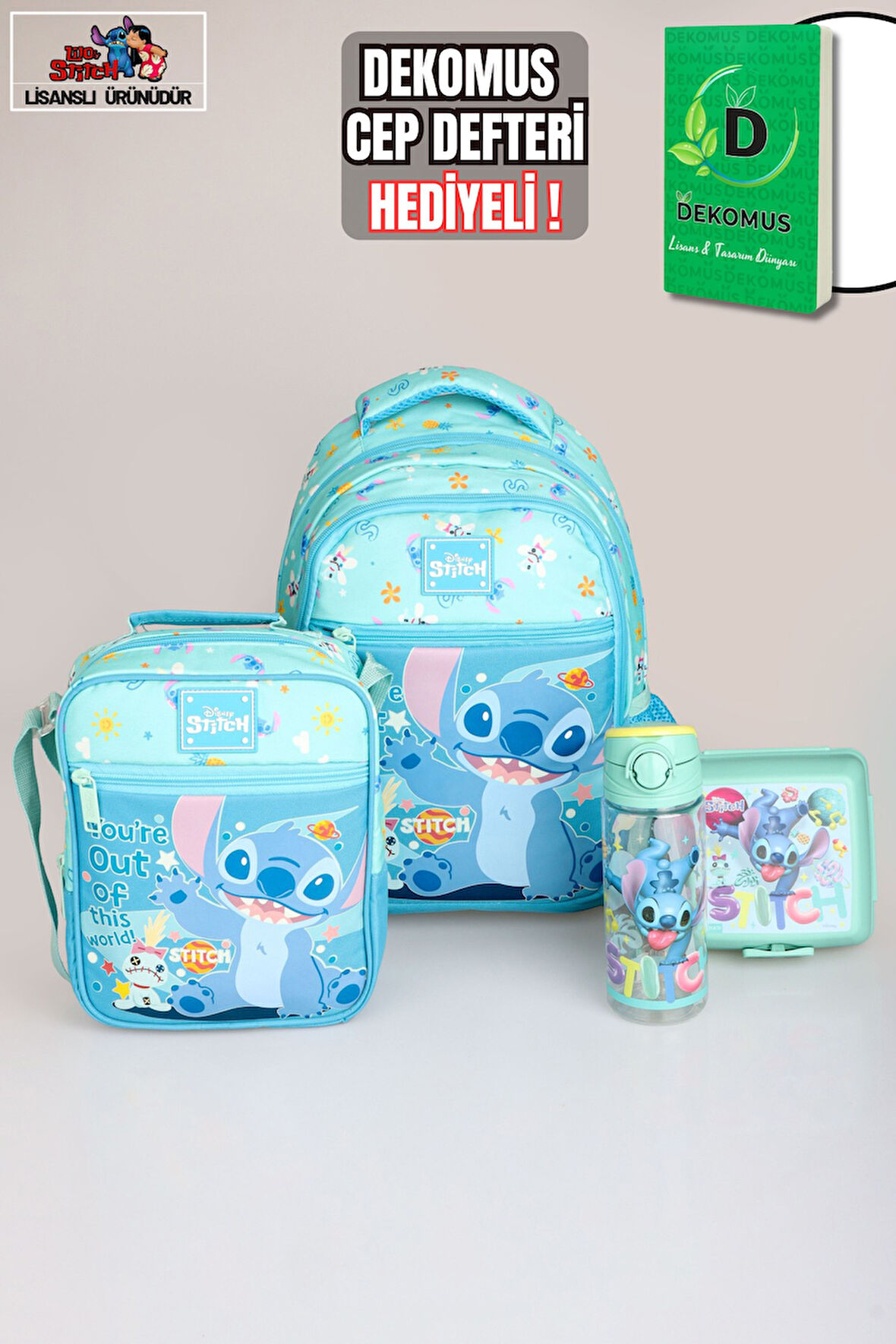 "DEKOMUS CEP DEFTERİ HEDİYELİ" LİSANSLI STITCH "GALAXY POP KOLEKSİYONU" OKUL ÇANTASI,TERMOSLU BESLENME ÇANTASI,500 ML MATARA VE BESLENME KABI SETİ