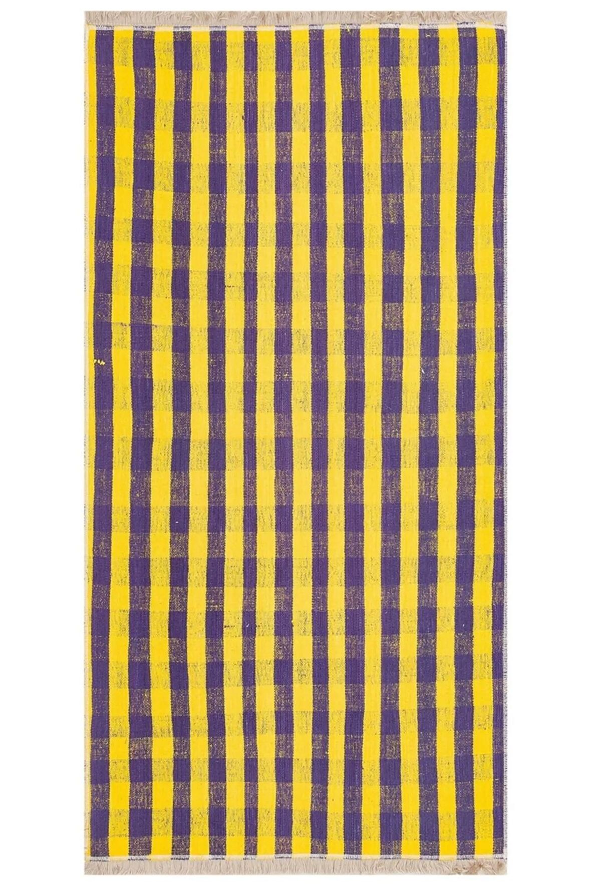 SARI MOR RENGİ KARELİ DESEN EL DOKUMA VİNTAGE KİLİM