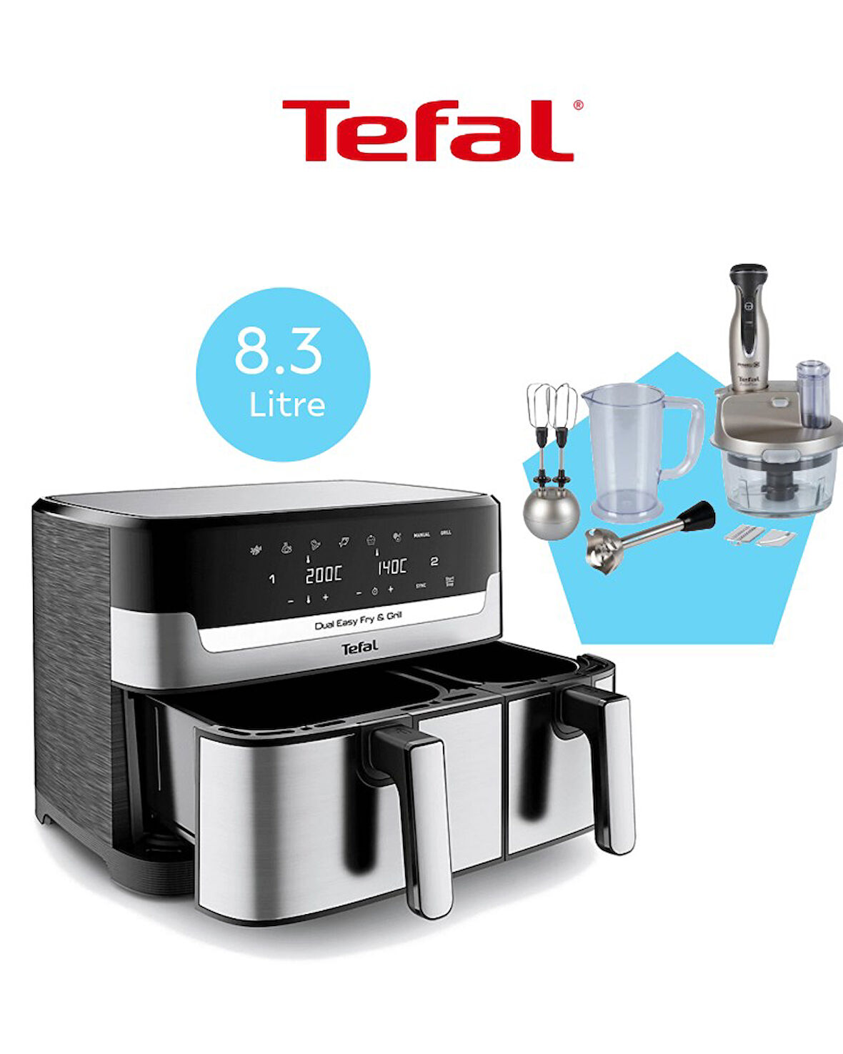 Tefal Çift Hazneli Easy Fry & Grill Dual Yağsız 8.3 Litre Fritöz ve Tefal 1500W Cam Hazneli robot