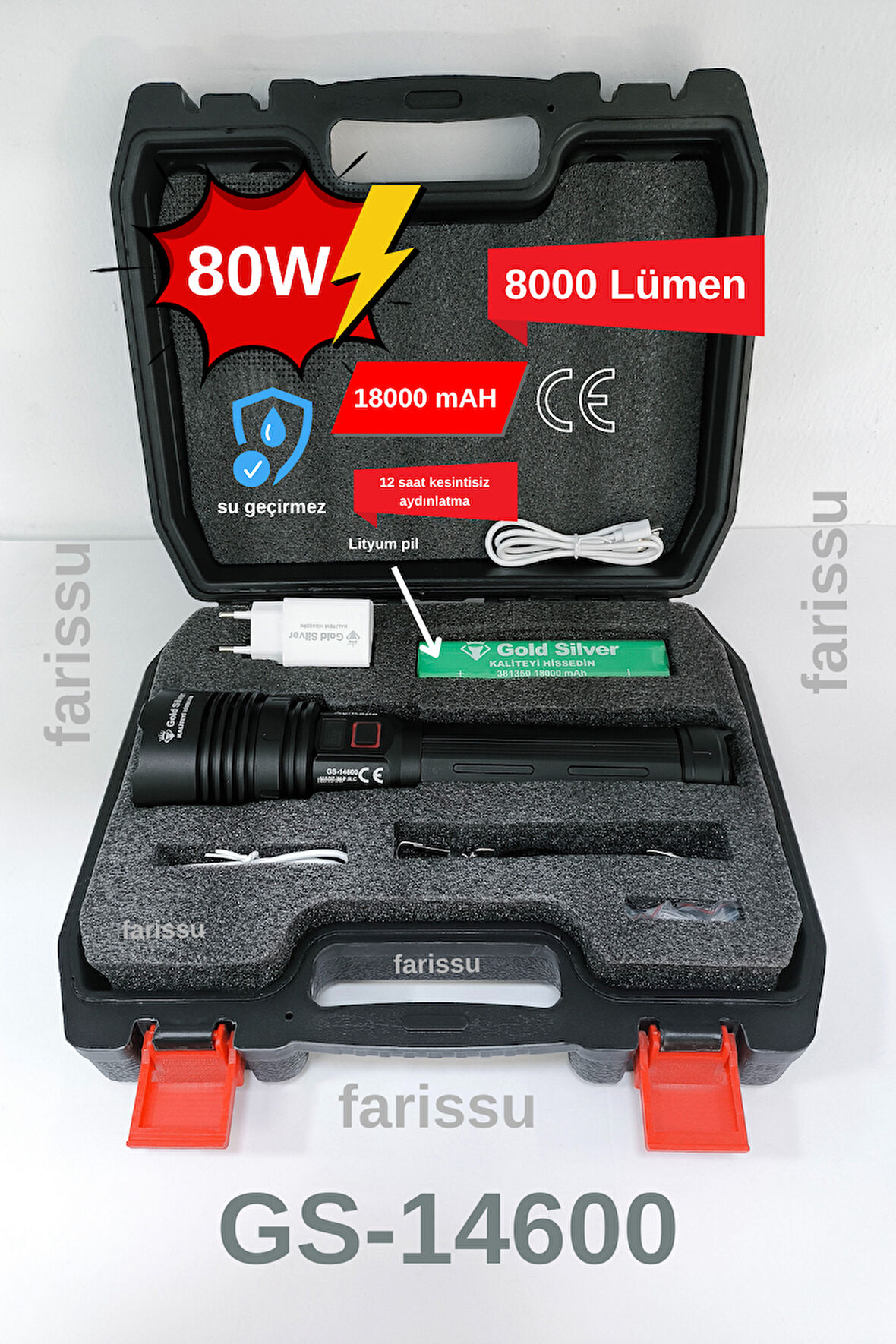 GS-14600 Şarjlı El Feneri | 80W 8000 Lümen - 18000 mAh Powerbank Özellikli | Su Geçirmez & Uzun Ömürlü Led Işık