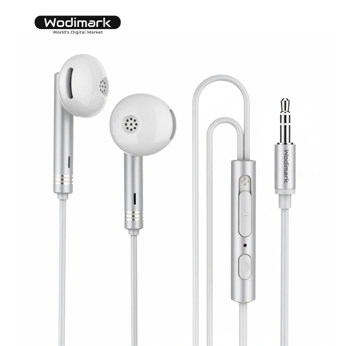 Wodimark AUX Kablolu Kulaklık – Mikrofonlu & Kumandalı BEYAZ - GÜMÜŞ