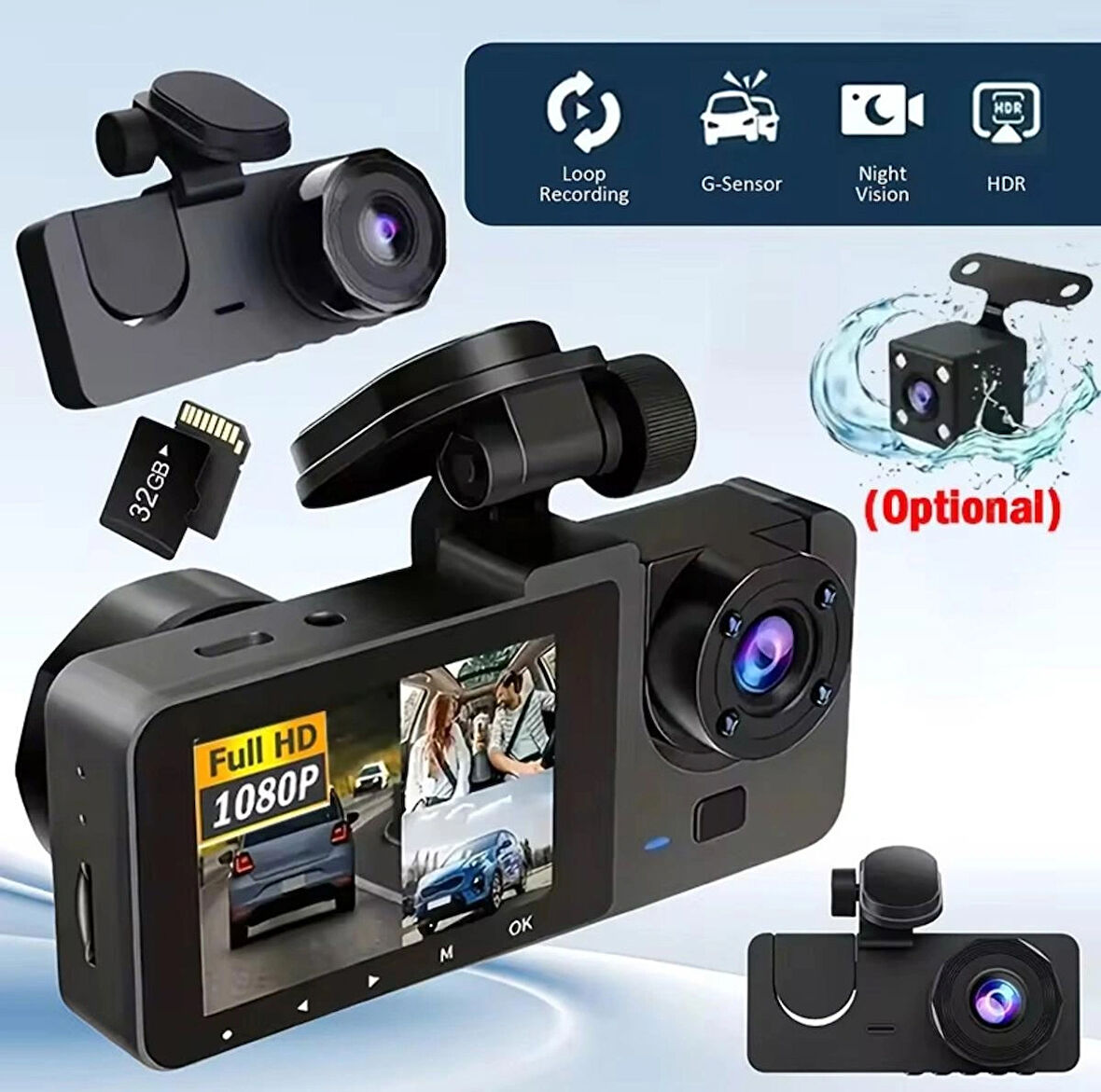 3’lü Lensli 1080P WiFi Araç Kamerası Gece Görüş G-Sensör ve Park Modu ile Üst Düzey Güvenlik